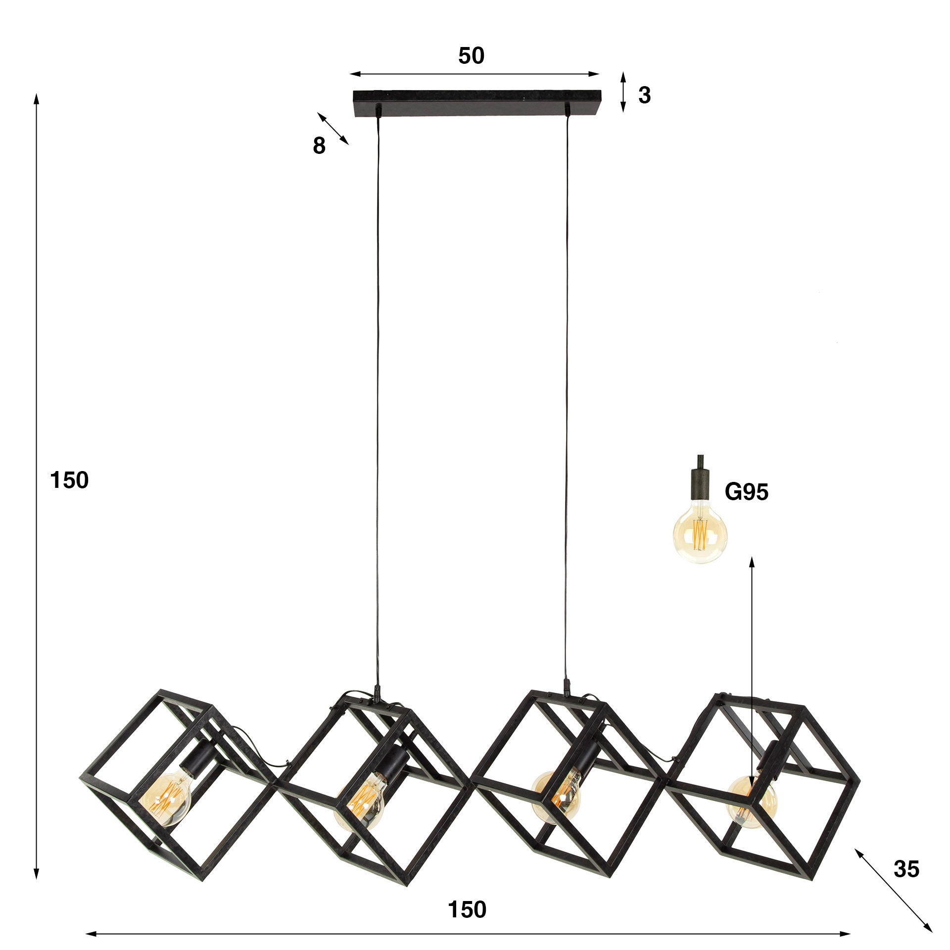 Hängeleuchte Dadi 4-flammig 150×35×150 cm – moderne Würfel-Leuchte aus Metall in Anthrazit, höhenverstellbar, LED geeignet