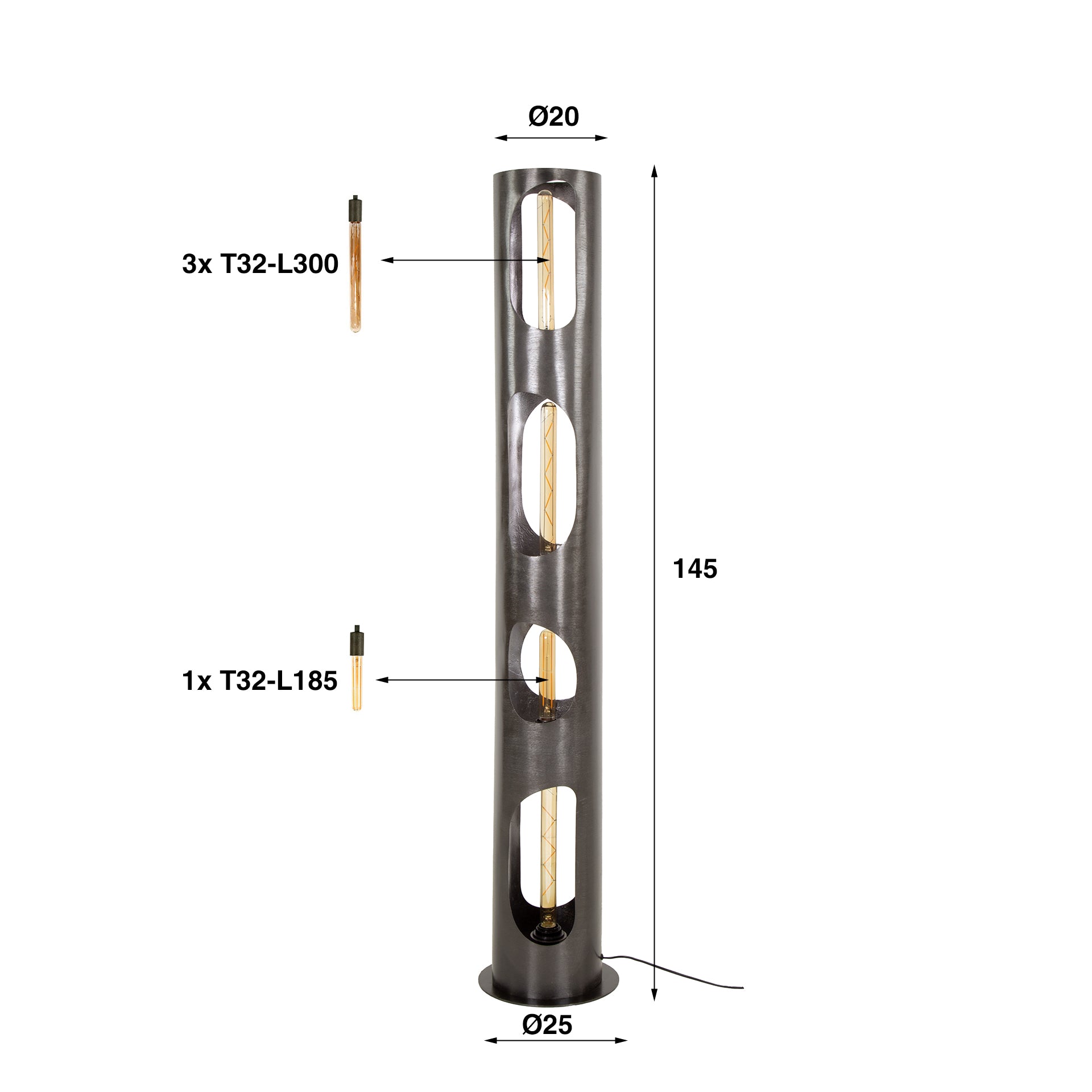 Stehleuchte Ciliegia Ø25×145 cm – Organic Zylinder XL aus Metall mit schwarzer Nickeloberfläche & dekorativen Lichtöffnungen