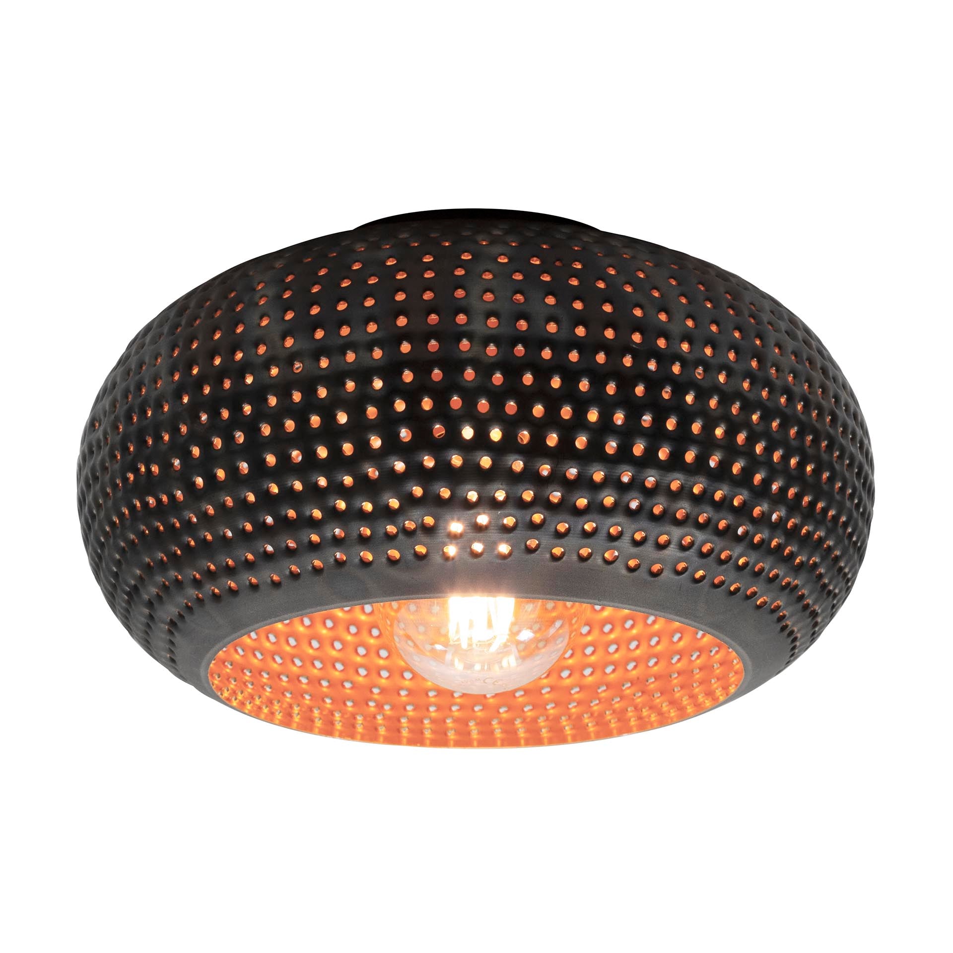 Deckenleuchte Piovere Punch Ø35 cm 35×35×20 cm – runde Metallleuchte Schwarz-Braun mit perforiertem Schirm & bronzefarbenem Innenraum