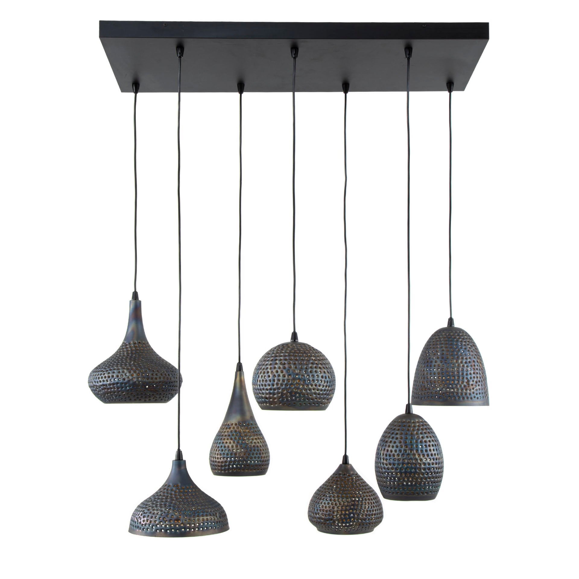 Hängeleuchte Piovere 4+3 Punch Mix 100×45×150 cm – 7-flammige Metallleuchte Schwarz-Braun mit perforierten Schirmen & bronzefarbenem Innenraum