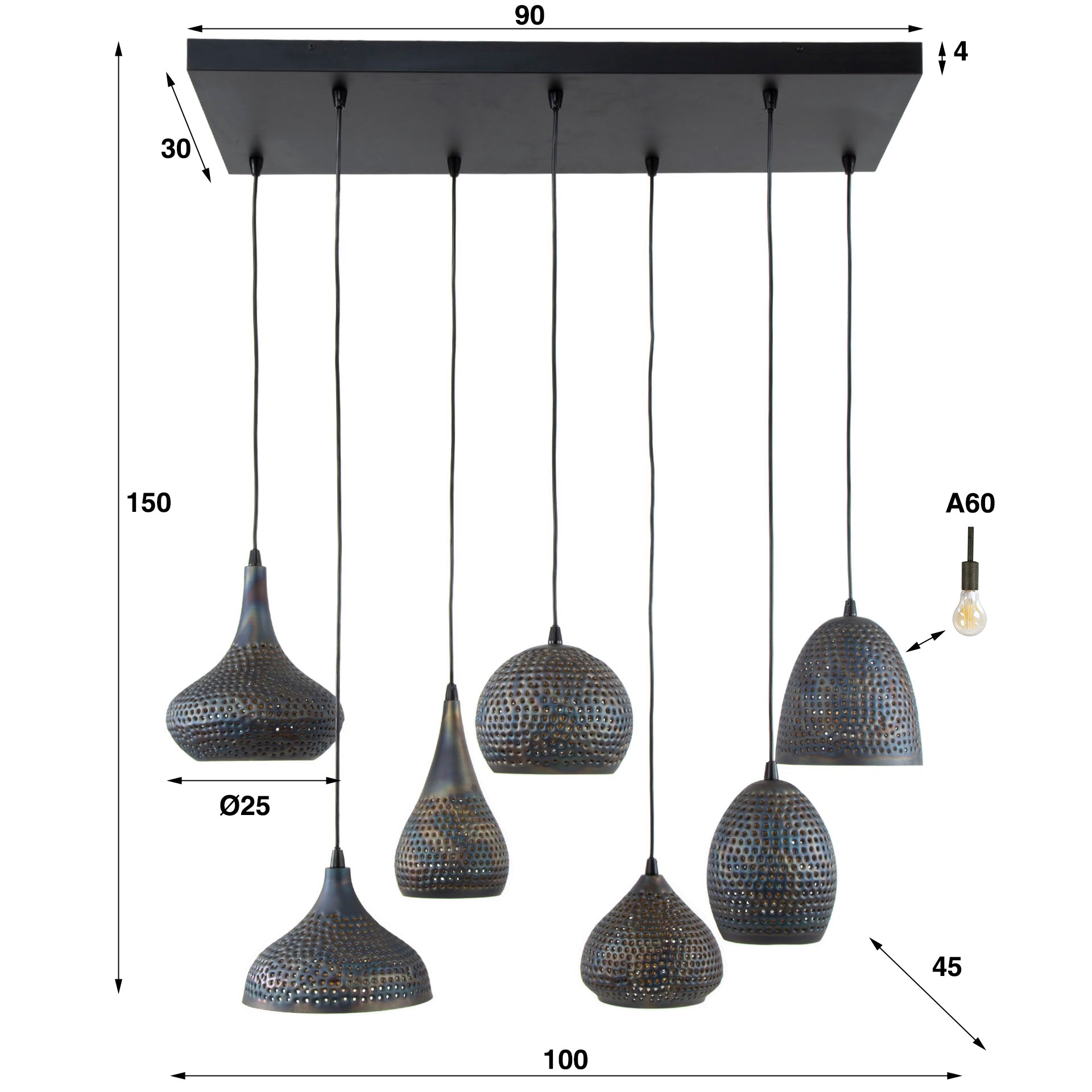 Hängeleuchte Piovere 4+3 Punch Mix 100×45×150 cm – 7-flammige Metallleuchte Schwarz-Braun mit perforierten Schirmen & bronzefarbenem Innenraum