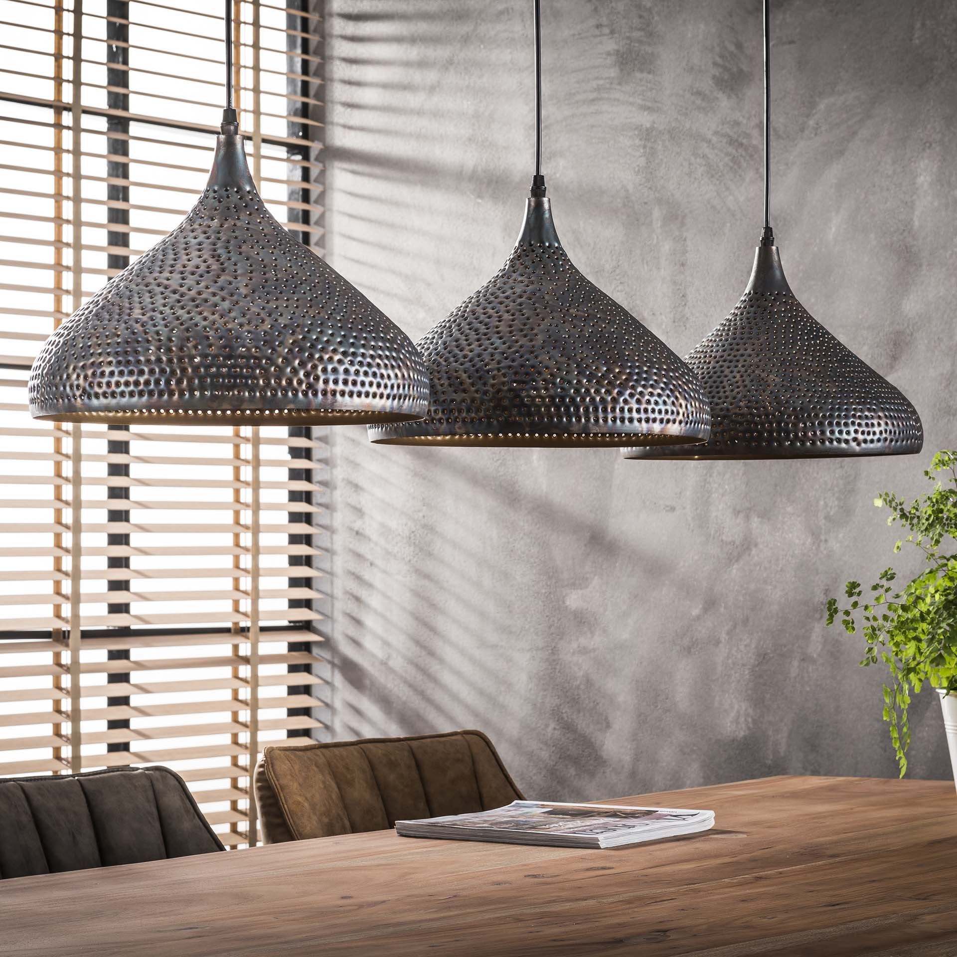 Hängeleuchte Piovere 3-flammig Ø32 cm 135×32×150 cm – Metallleuchte Schwarz-Braun mit perforierten Trichterschirmen, höhenverstellbar