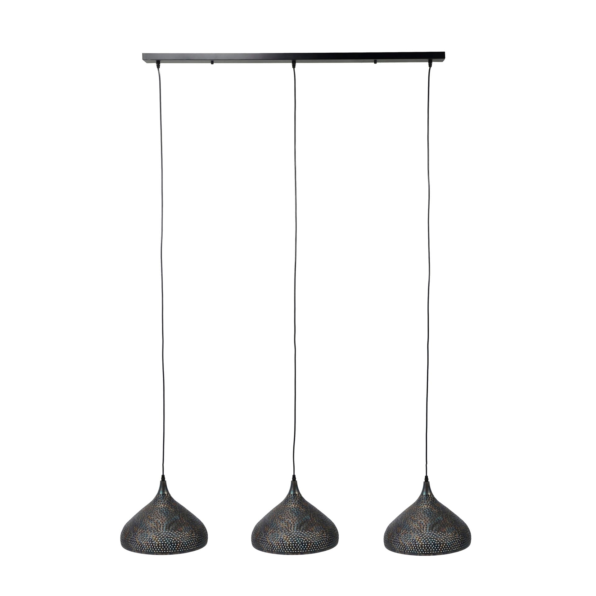 Hängeleuchte Piovere 3-flammig Ø32 cm 135×32×150 cm – Metallleuchte Schwarz-Braun mit perforierten Trichterschirmen, höhenverstellbar