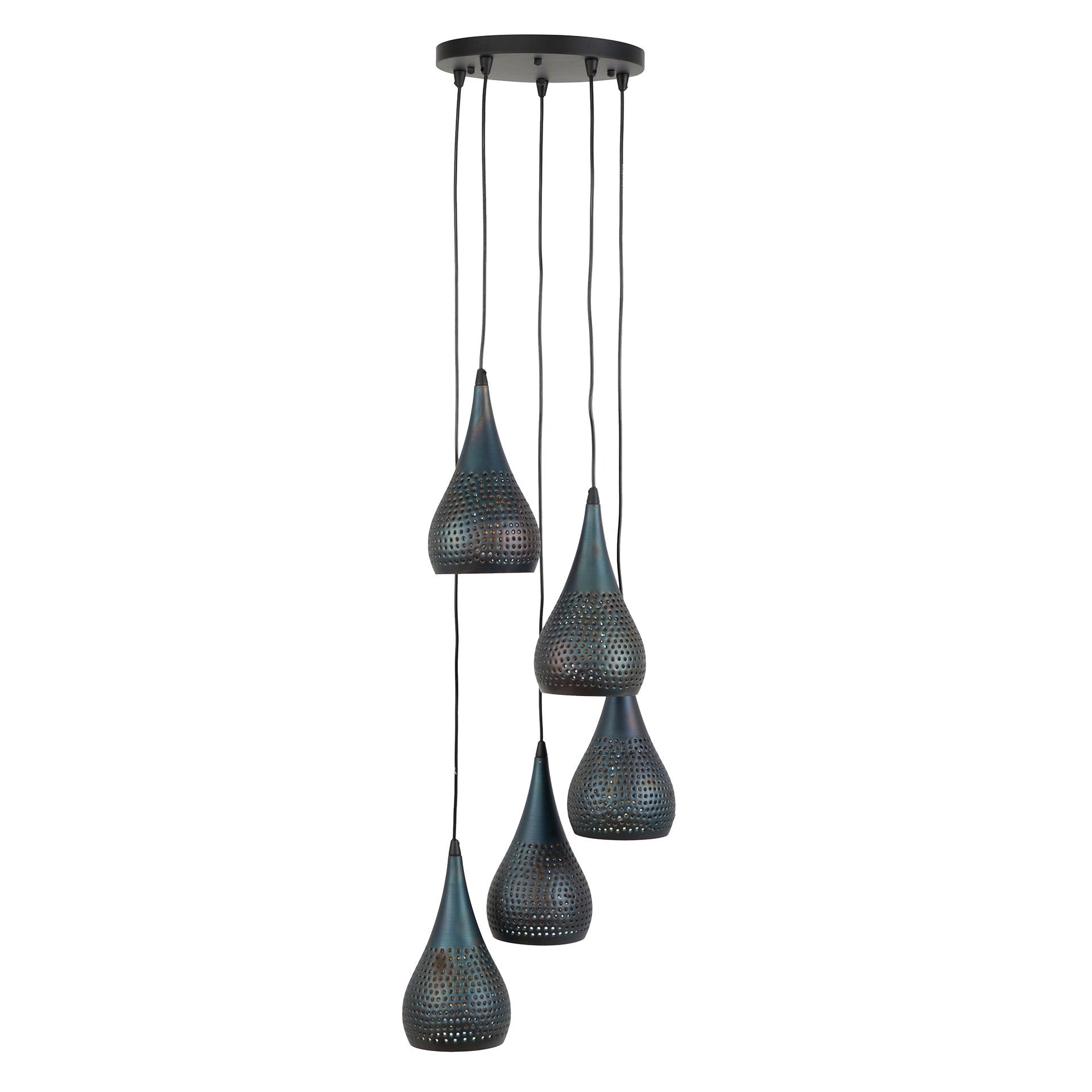 Hängeleuchte Piovere 5-flammig Ø15 cm 35×35×150 cm – tropfenförmige Metallleuchte mit bronzefarbenem Innenraum & perforiertem Design