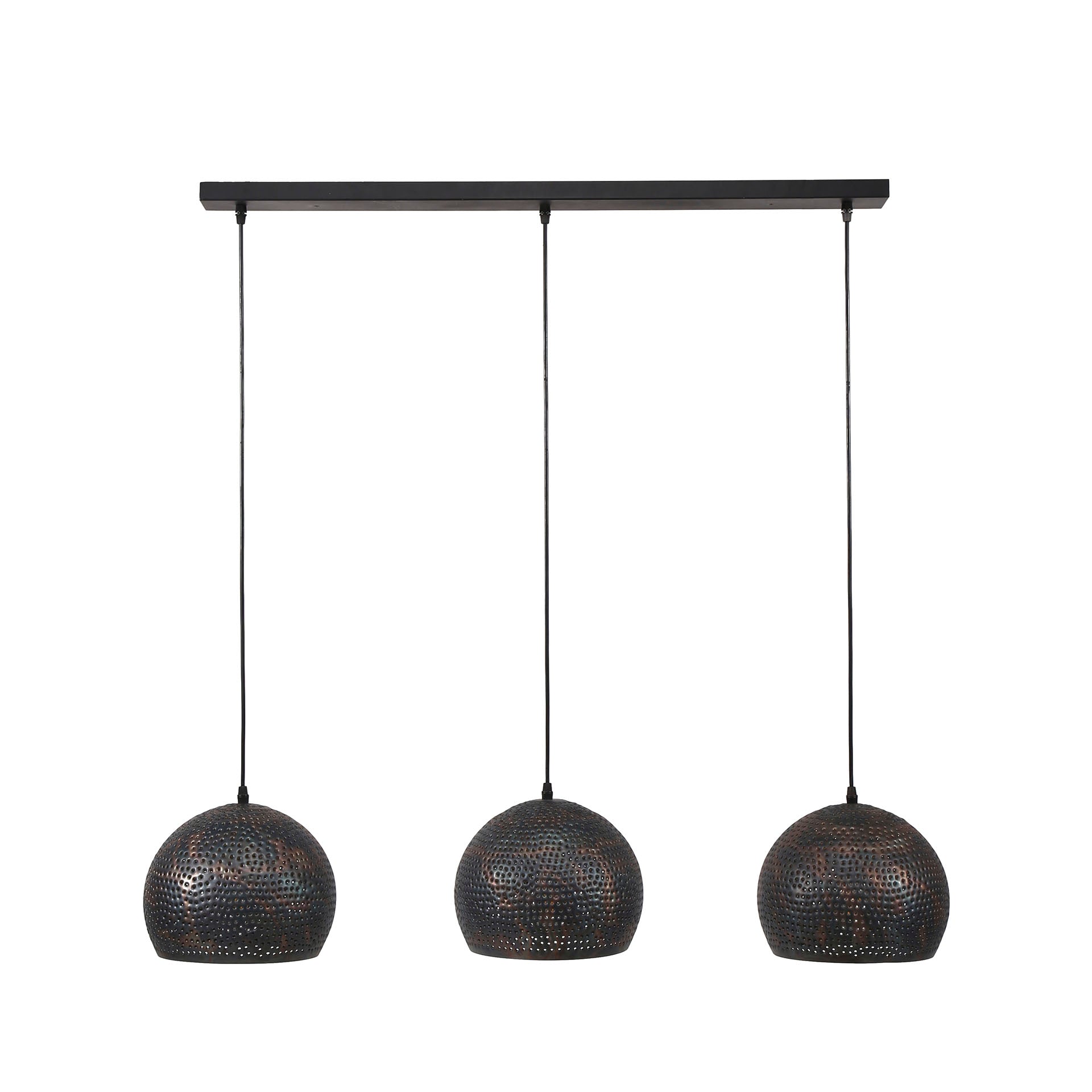 Hängeleuchte Aria 3-flammig Kugel Ø25 cm 110×25×150 cm – Metallleuchte Schwarz-Braun mit perforierten Schirmen, höhenverstellbar
