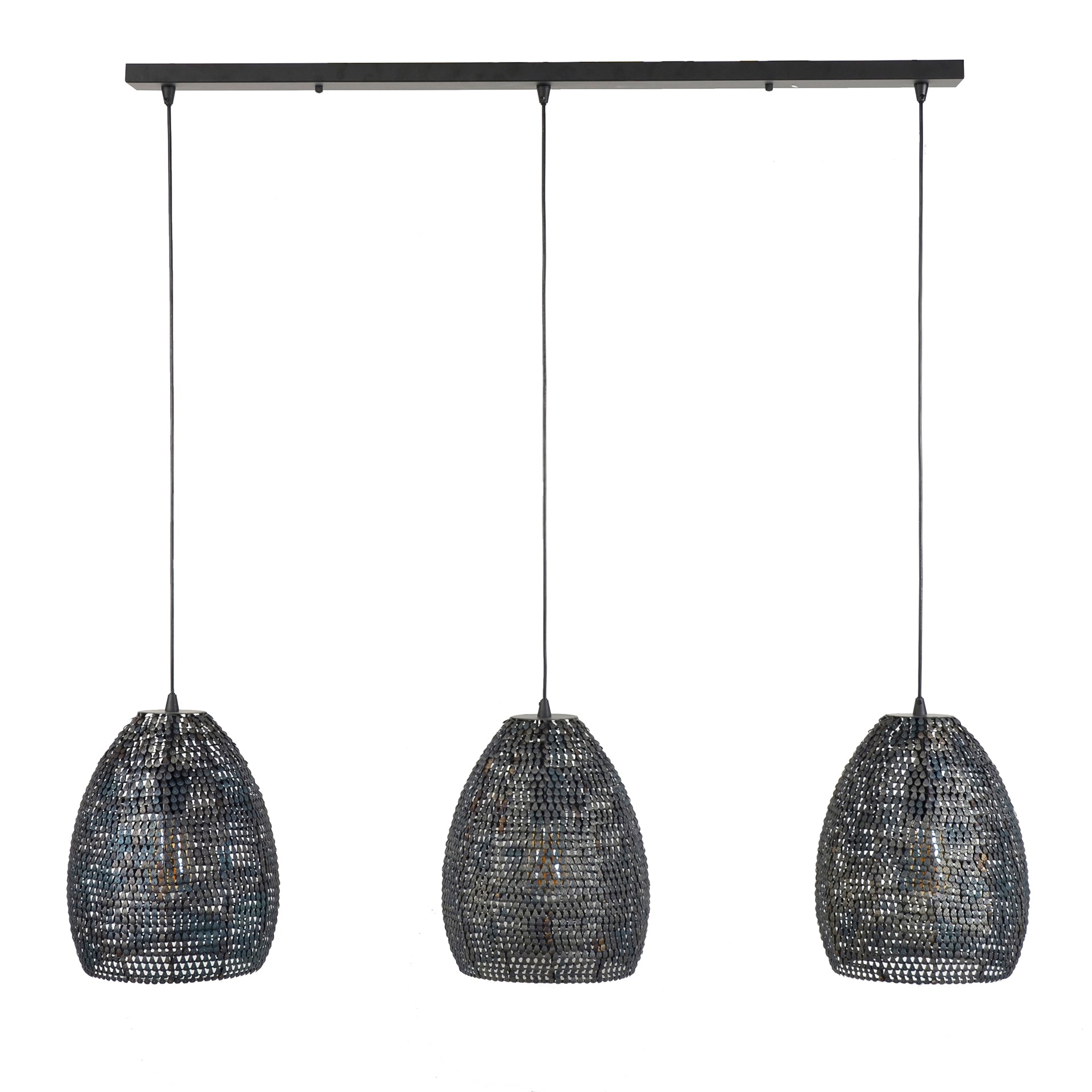 Hängelampe Armor 3-flammig oval Ø26 cm 128×26×150 cm – handgefertigte Metallleuchte Schwarz-Braun, höhenverstellbar & halbtransparent