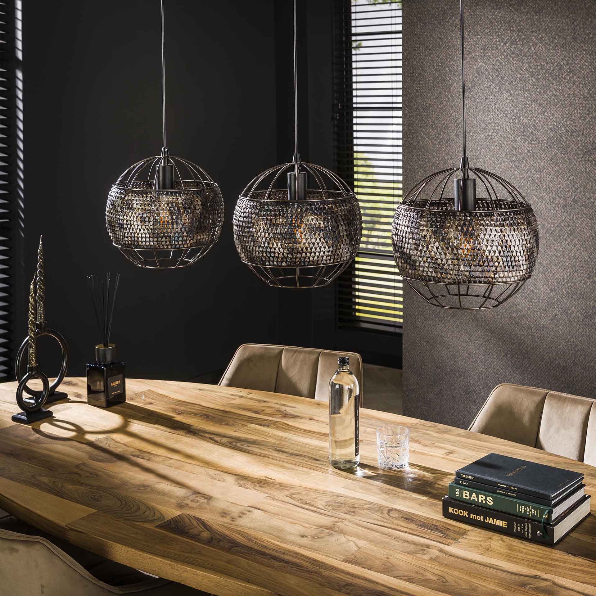 Hängelampe Armor 3-flammig Ø30 cm 110×30×150 cm – handgefertigte Metallleuchte Schwarz-Braun, höhenverstellbar & halbtransparent
