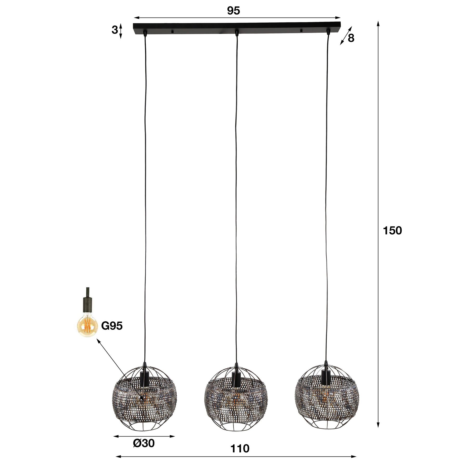 Hängelampe Armor 3-flammig Ø30 cm 110×30×150 cm – handgefertigte Metallleuchte Schwarz-Braun, höhenverstellbar & halbtransparent