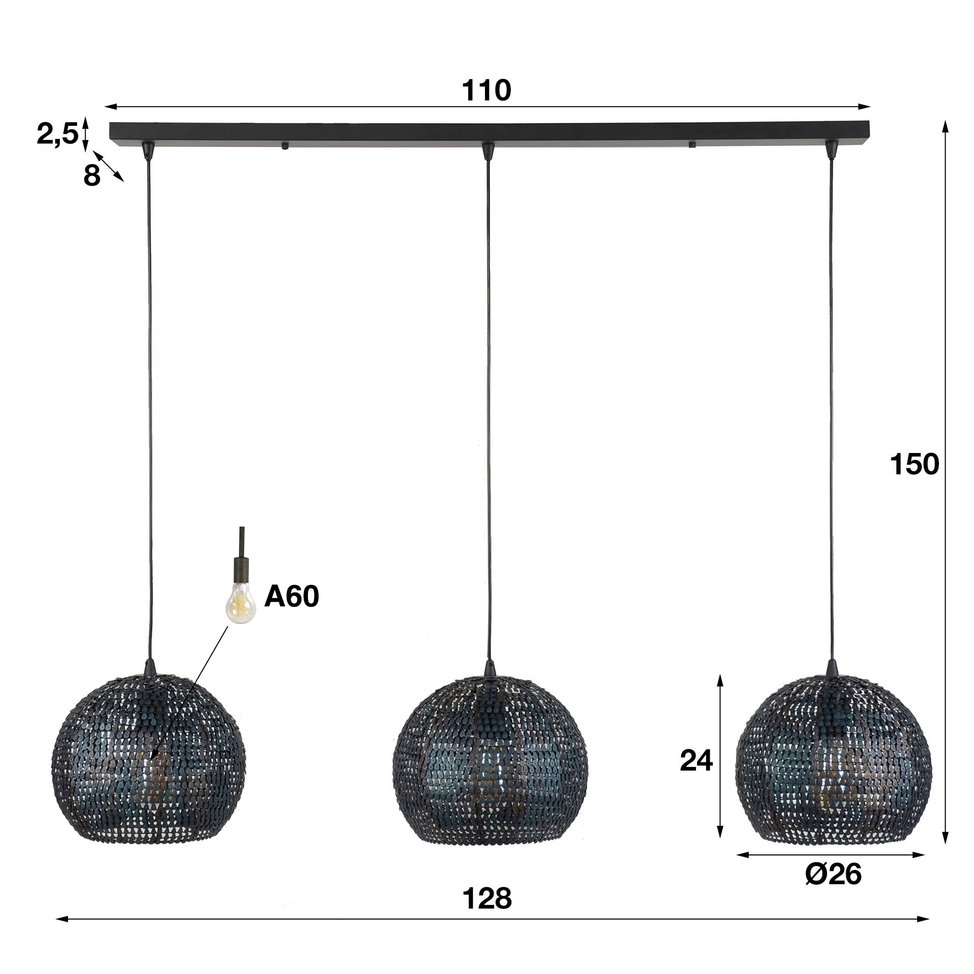 Hängelampe Armor 3-flammig halbrund Ø26 cm 128×26×150 cm – handgefertigte Metallleuchte Schwarz-Braun, höhenverstellbar & halbtransparent