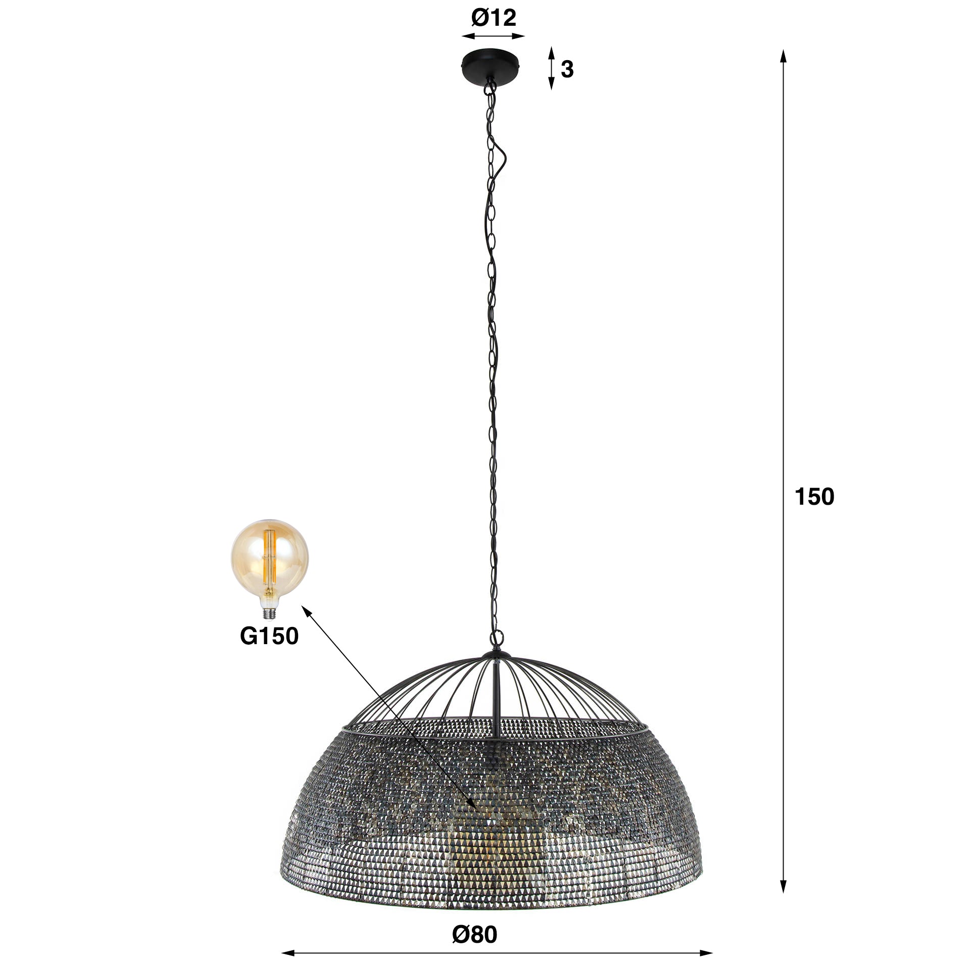 Hängelampe Armor Ø80 cm 80×80×150 cm – handgefertigte Metallleuchte Schwarz-Braun, höhenverstellbar & halbtransparentes Design