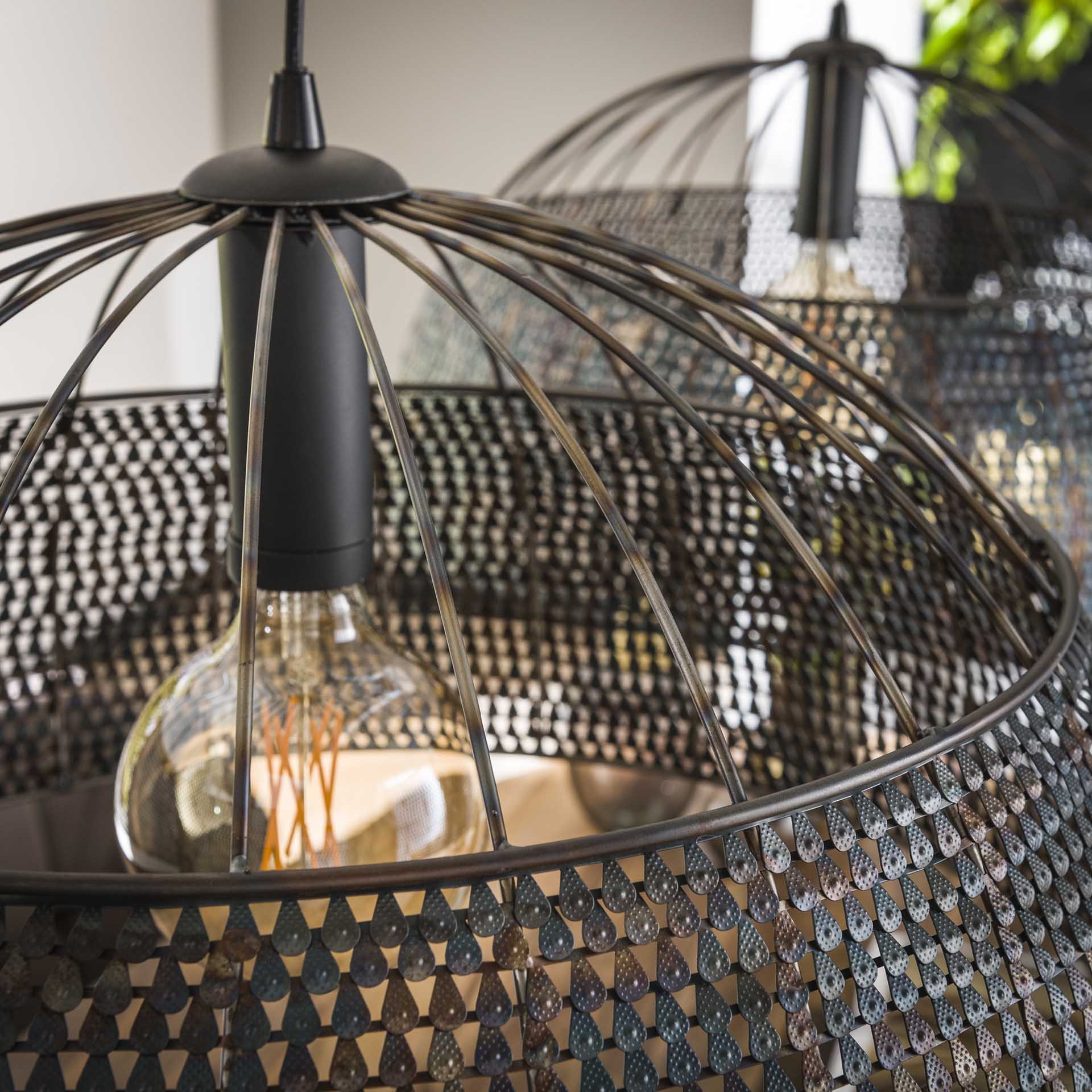 Hängelampe Armor 2-flammig 140×60×150 cm – handgefertigte Metallleuchte Schwarz-Braun, höhenverstellbar & halbtransparentes Design