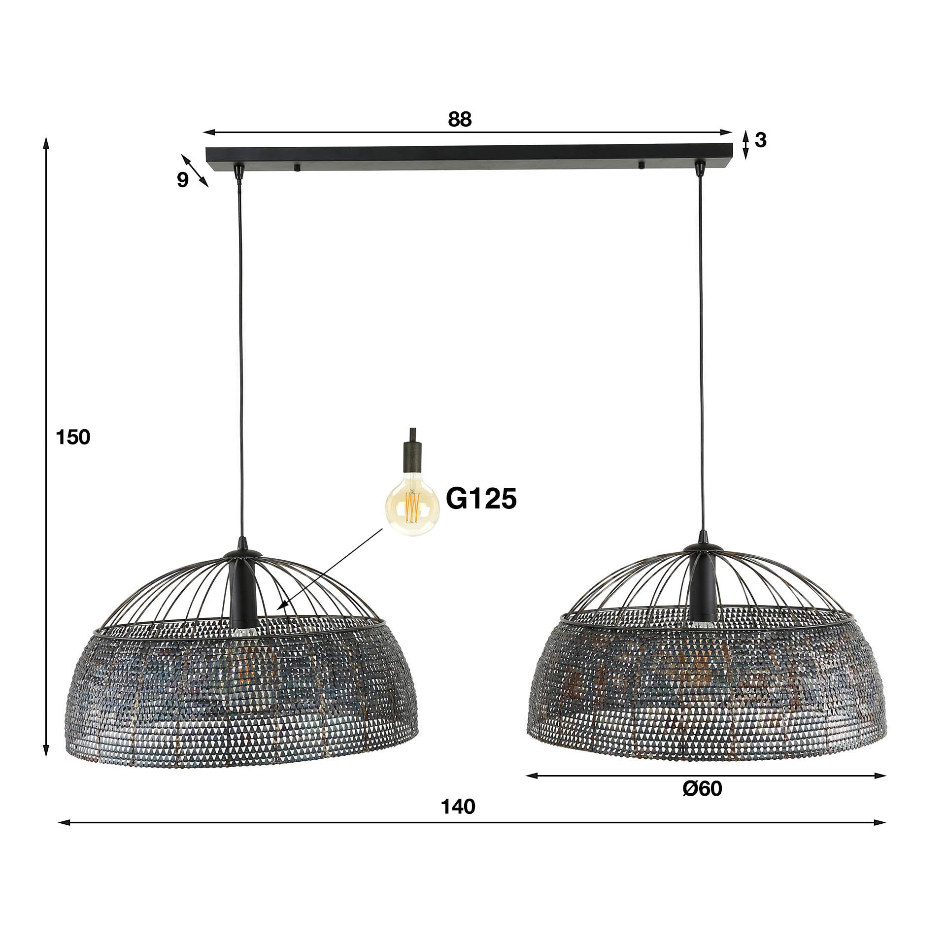 Hängelampe Armor 2-flammig 140×60×150 cm – handgefertigte Metallleuchte Schwarz-Braun, höhenverstellbar & halbtransparentes Design
