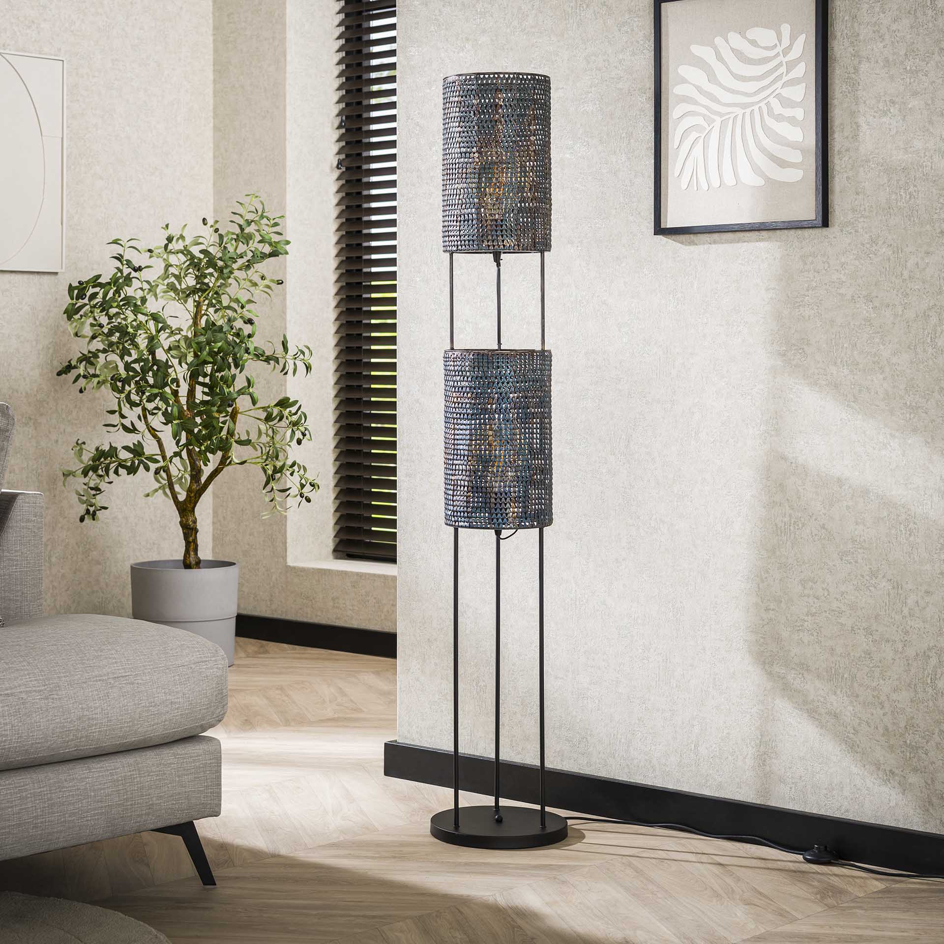 Stehleuchte Accorto Armor Tube 2-flammig – Metall-Leuchte 28×150×28 cm, handgefertigt mit Röhrenschirmen Ø22×36 cm, schwarz-braun, E27, LED geeignet