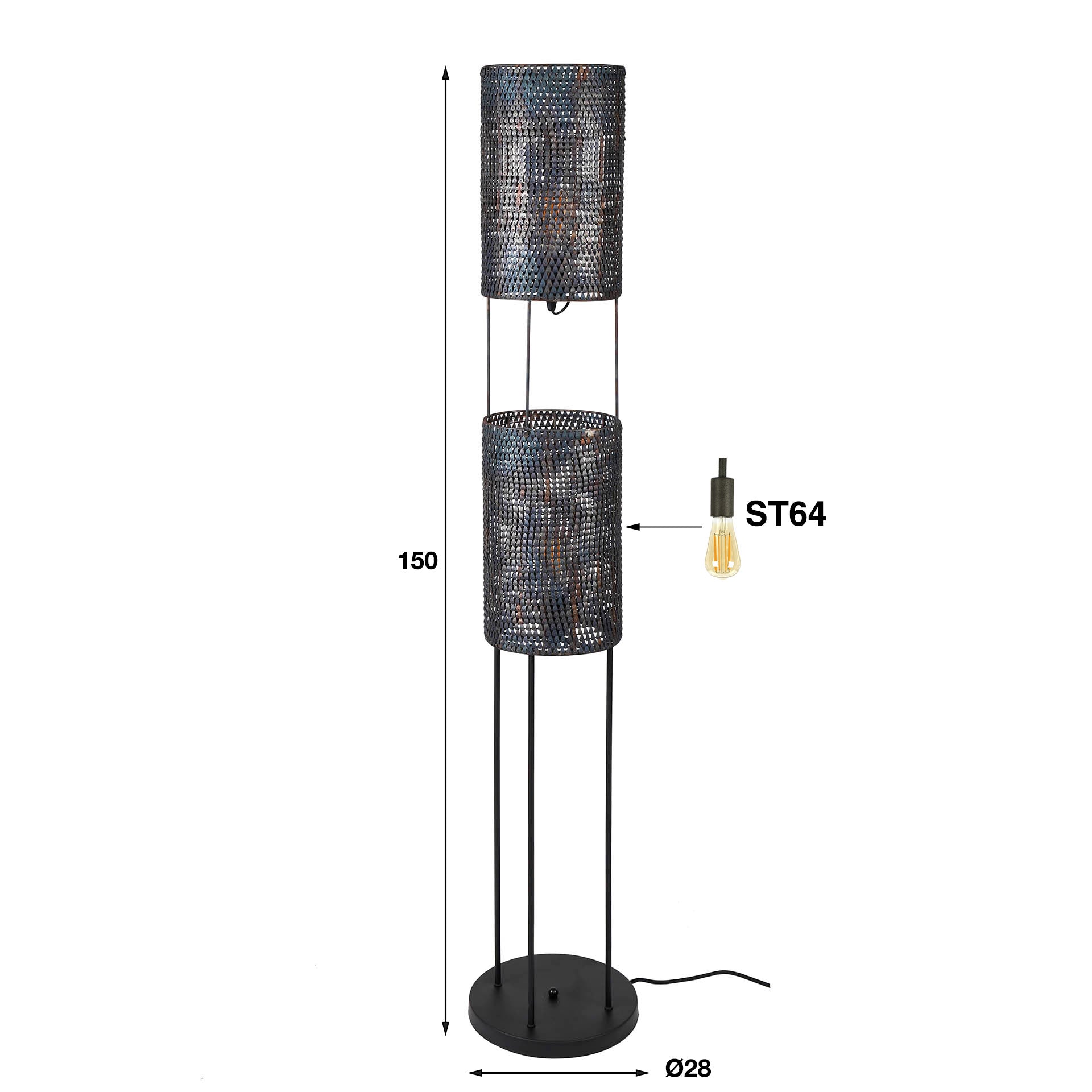 Stehleuchte Accorto Armor Tube 2-flammig – Metall-Leuchte 28×150×28 cm, handgefertigt mit Röhrenschirmen Ø22×36 cm, schwarz-braun, E27, LED geeignet