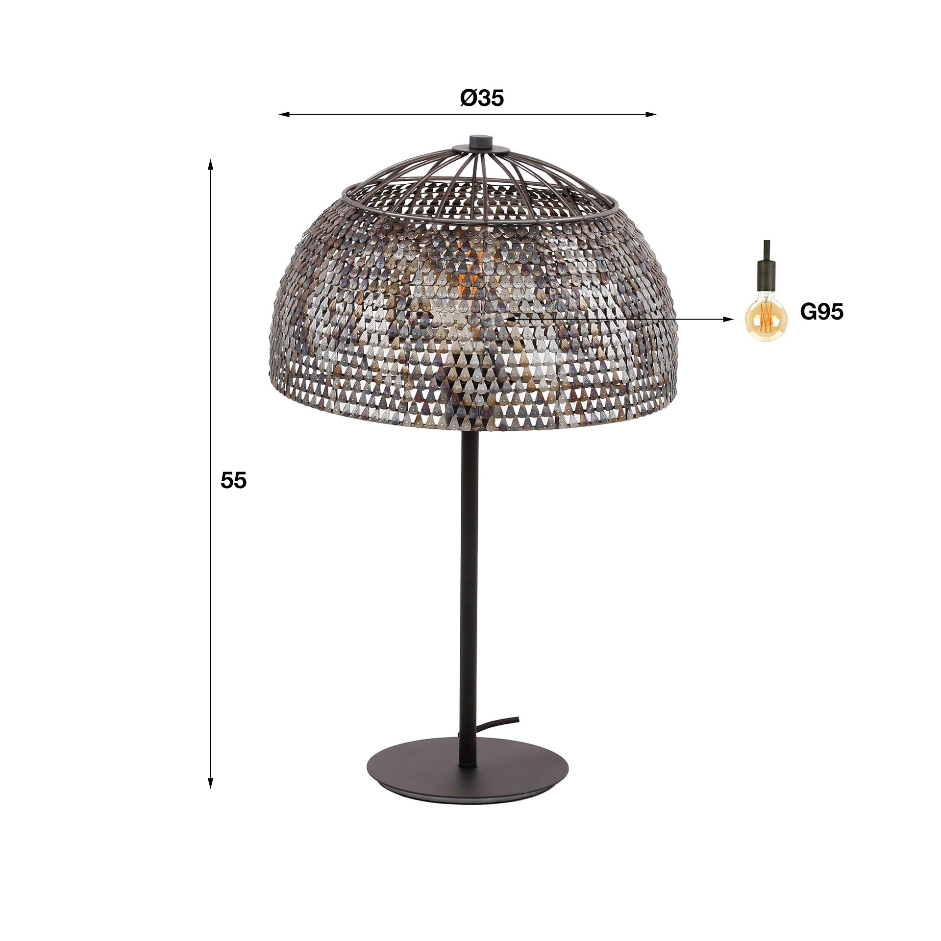 Tischleuchte Accorto Armor – Metall-Leuchte 35×55×35 cm mit handgefertigtem Schirm Ø35 cm, schwarz-braune Oberfläche, halbtransparent, E27