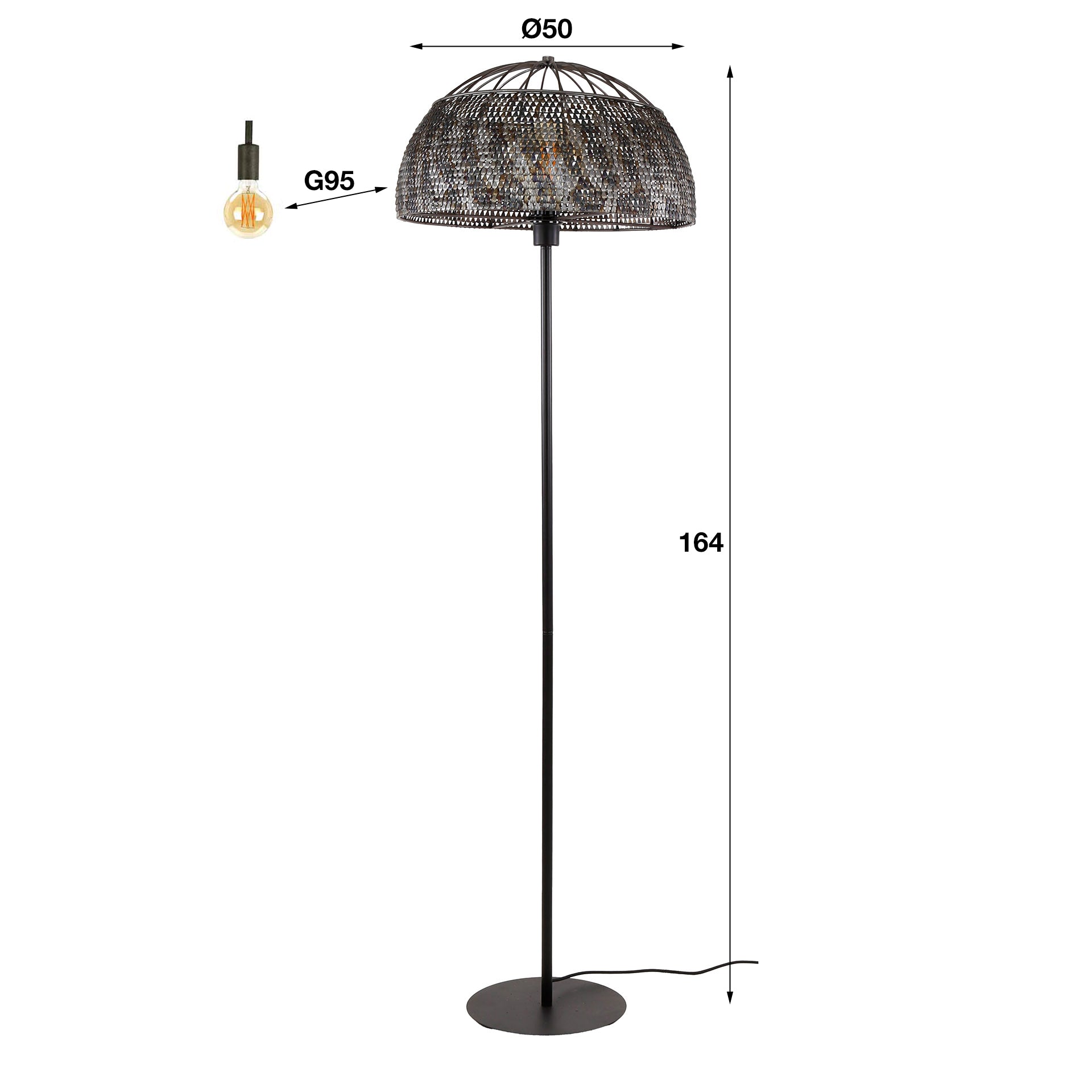 Stehleuchte Accorto Armor – Metall-Leuchte Ø50×164 cm mit handgefertigtem Schirm, schwarz-braune Oberfläche, halbtransparent, E27, LED geeignet