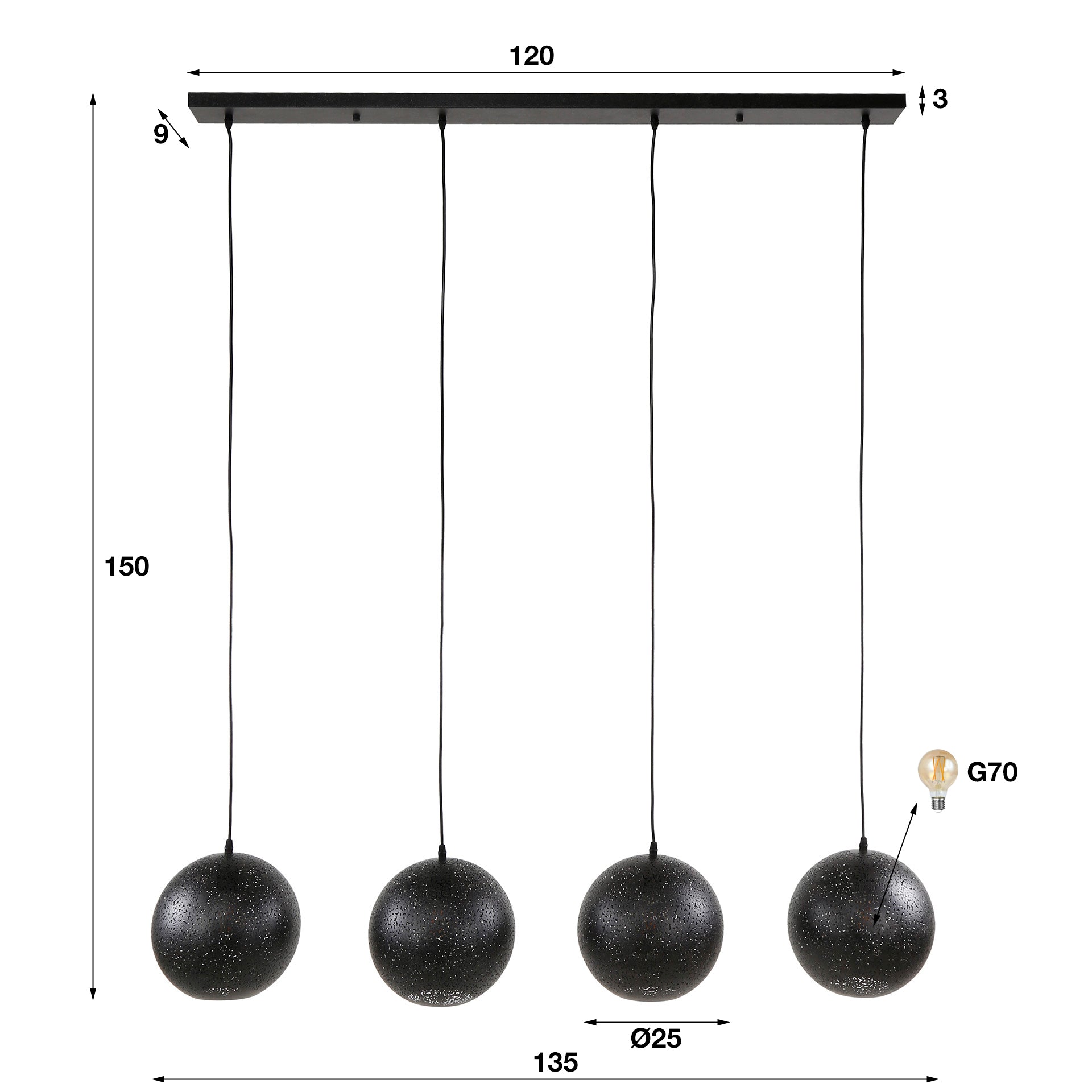 Hängeleuchte Accorto Zip 4-flammig – Metall-Leuchte 135×150×25 cm mit geätzten Schirmen Ø25 cm, artic black Finish, höhenverstellbar, E27