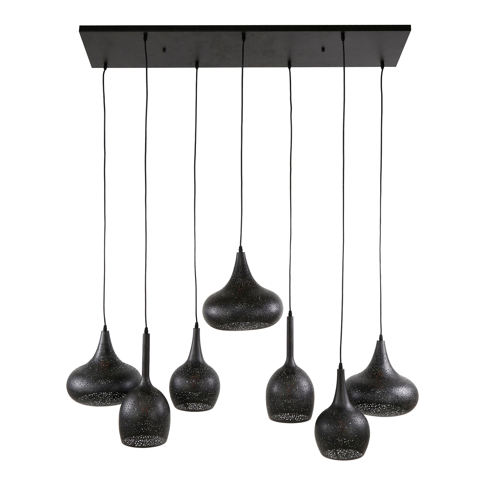 Hängeleuchte Boemo Zip 7-flammig – Metall-Leuchte 135×150×50 cm mit geätzten Schirmen Ø30 cm, schwarz, höhenverstellbar, E27, LED geeignet