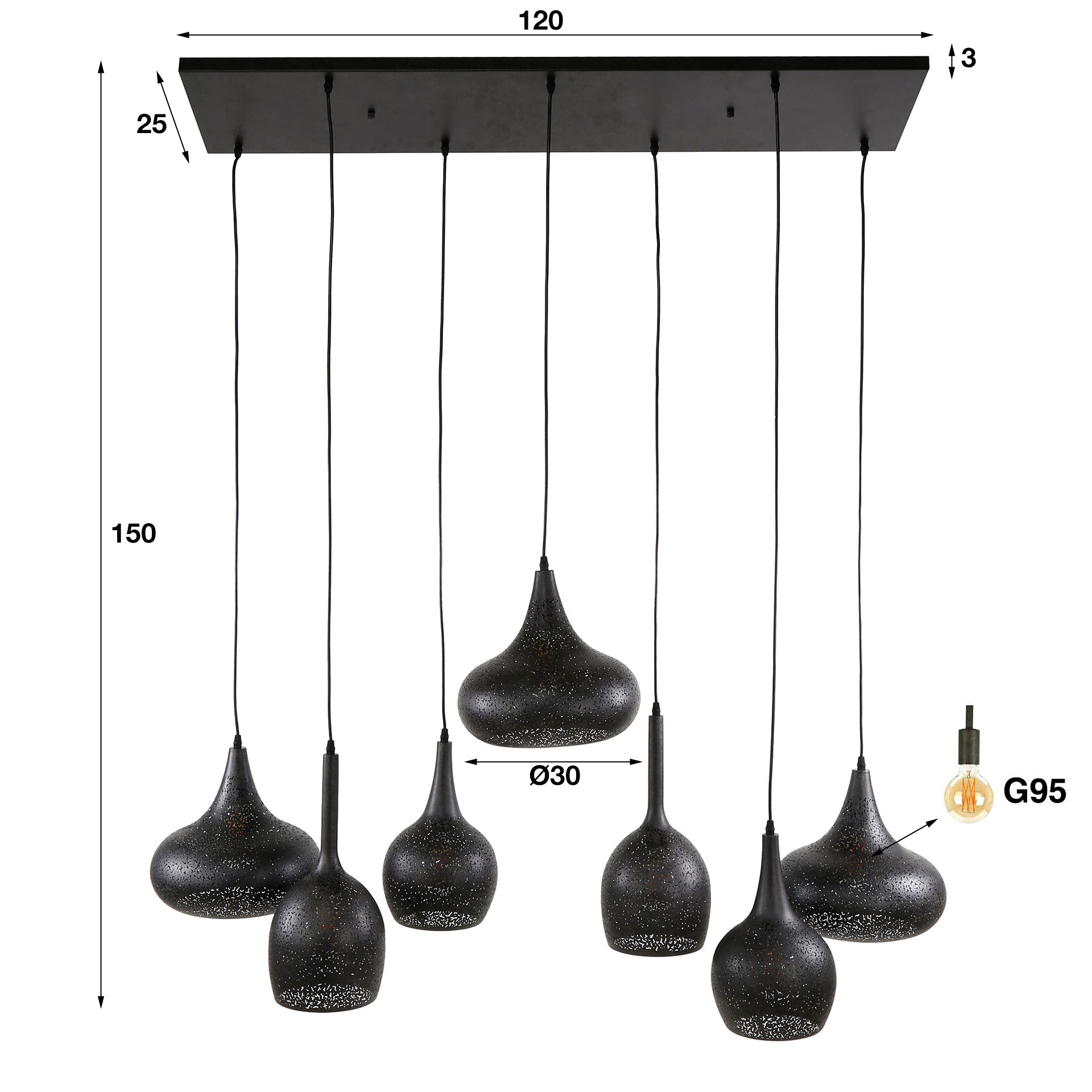 Hängeleuchte Boemo Zip 7-flammig – Metall-Leuchte 135×150×50 cm mit geätzten Schirmen Ø30 cm, schwarz, höhenverstellbar, E27, LED geeignet