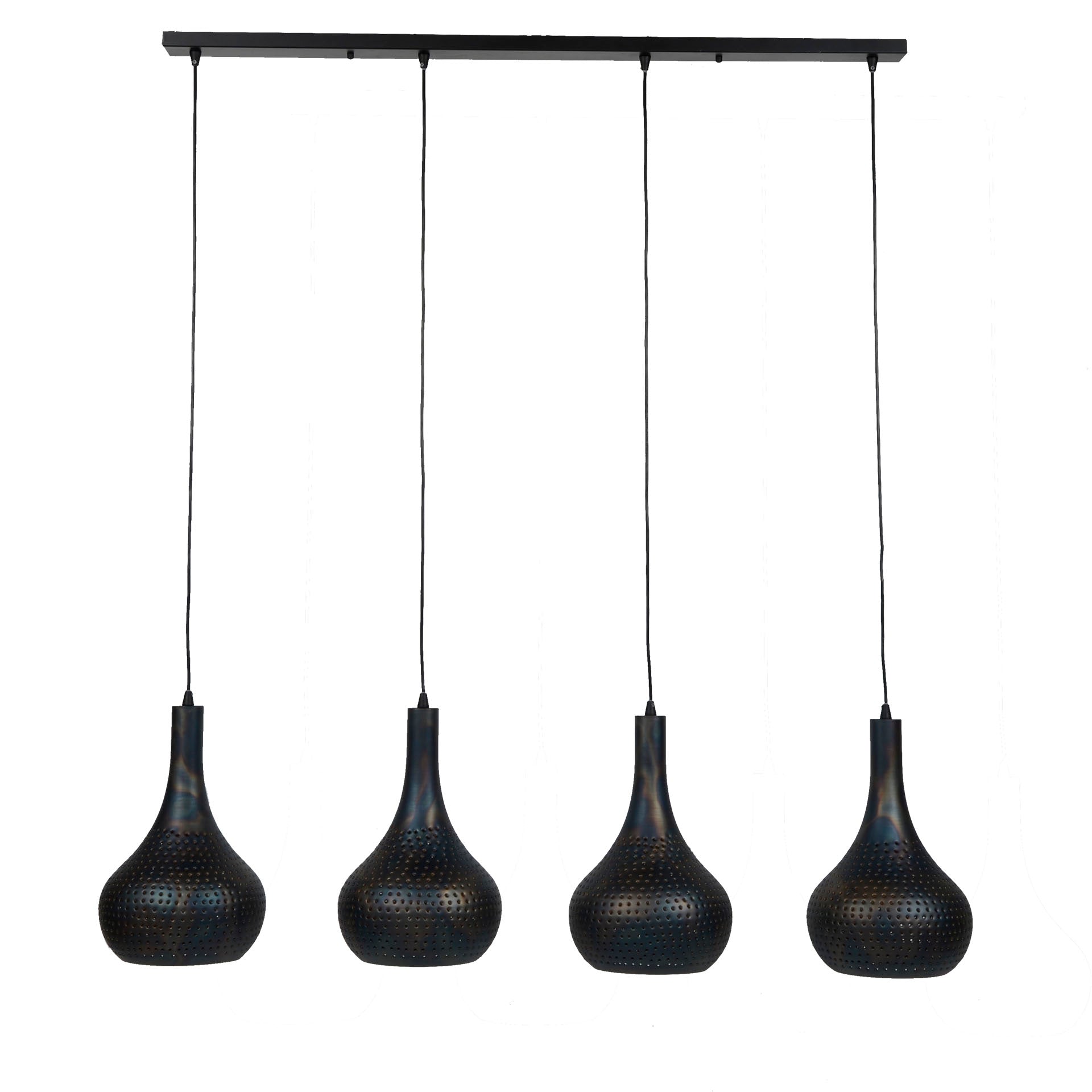 Hängeleuchte Gioia 4-flammig – Metall-Leuchte 130×150×25 cm mit handperforierten Kegelschirmen Ø25×40 cm, grau, Textilkabel, E27, LED geeignet