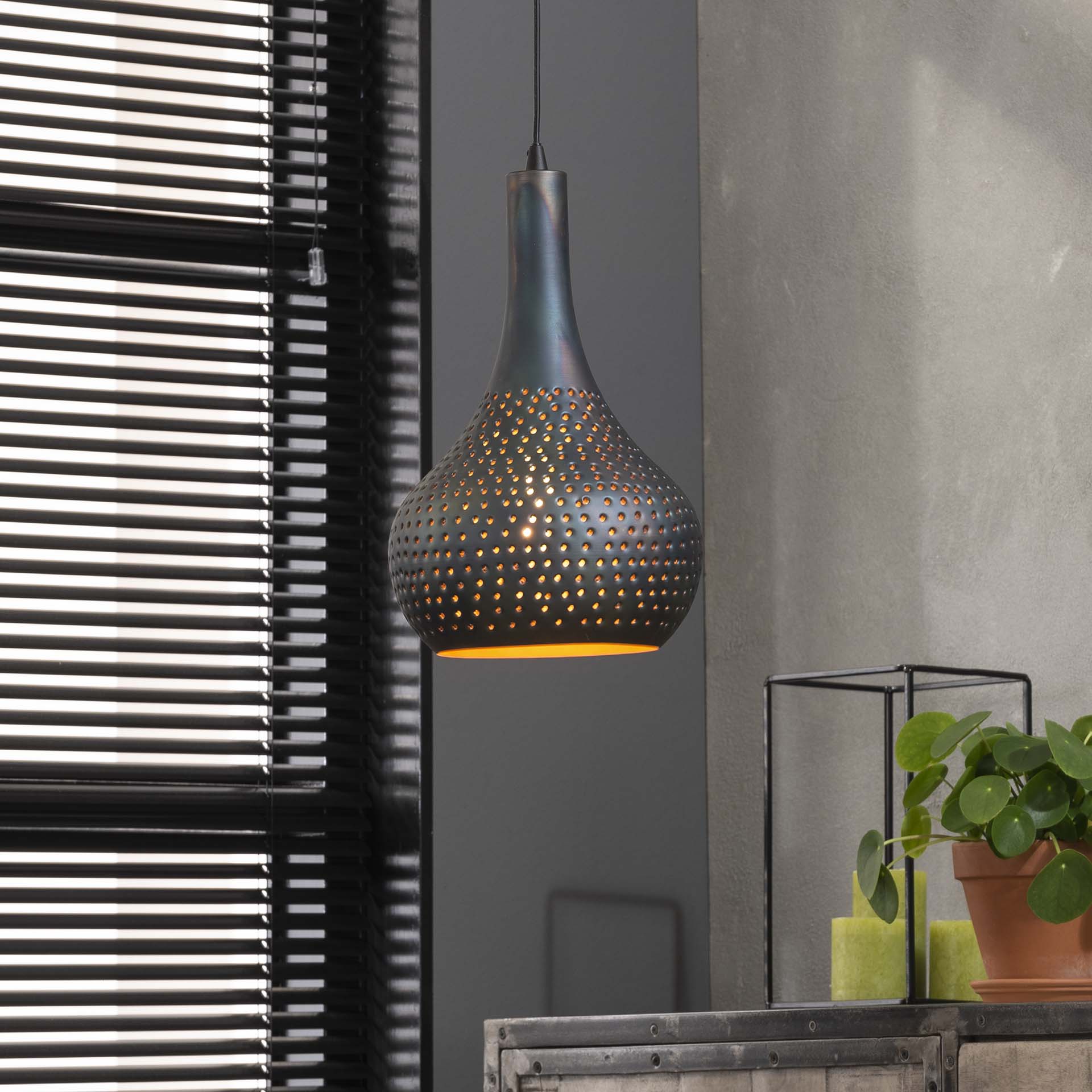 Hängeleuchte Gioia 1-flammig – Metall-Leuchte 25×150×25 cm mit handperforiertem Kegelschirm Ø25×40 cm, grau, Textilkabel, E27, LED geeignet