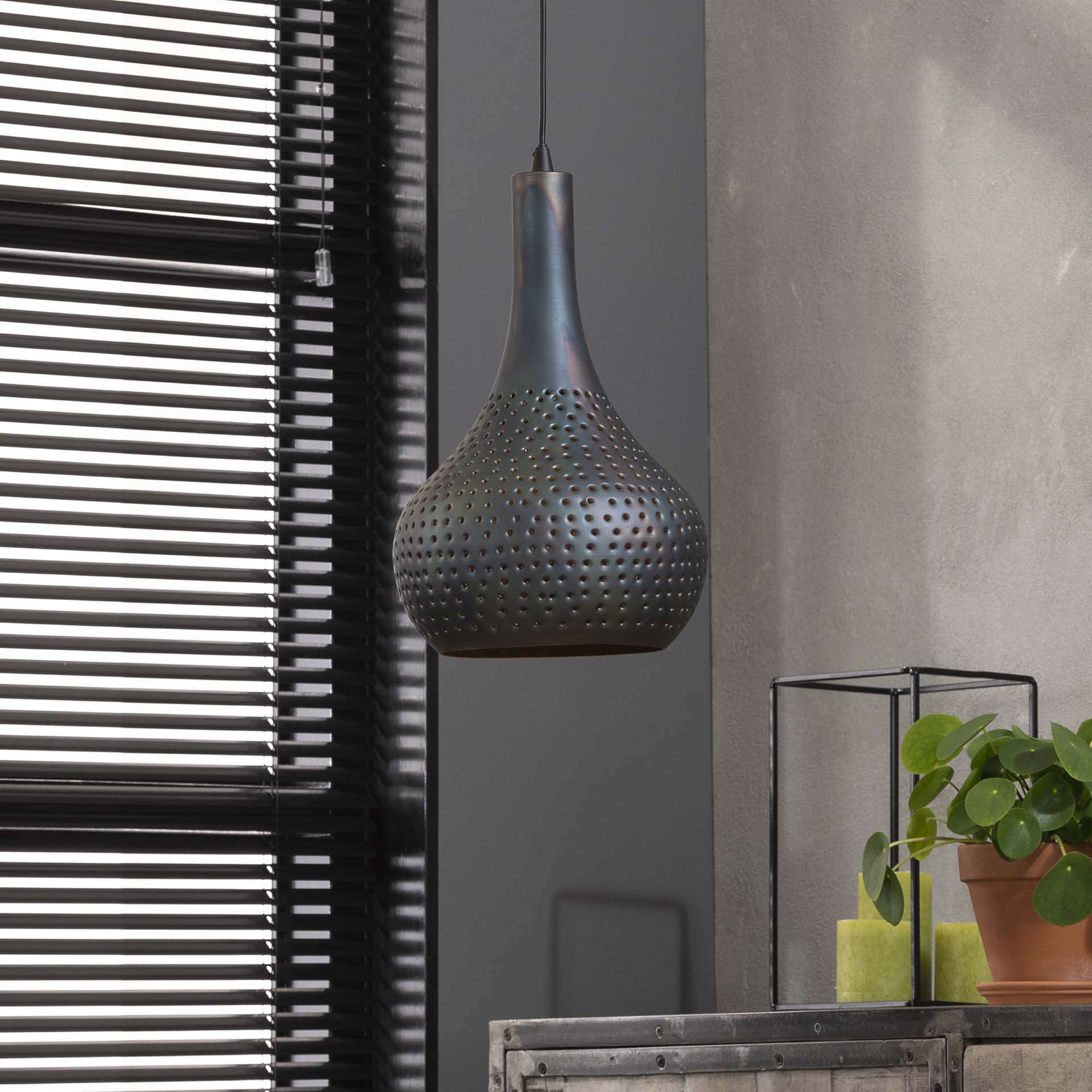 Hängeleuchte Gioia 1-flammig – Metall-Leuchte 25×150×25 cm mit handperforiertem Kegelschirm Ø25×40 cm, grau, Textilkabel, E27, LED geeignet