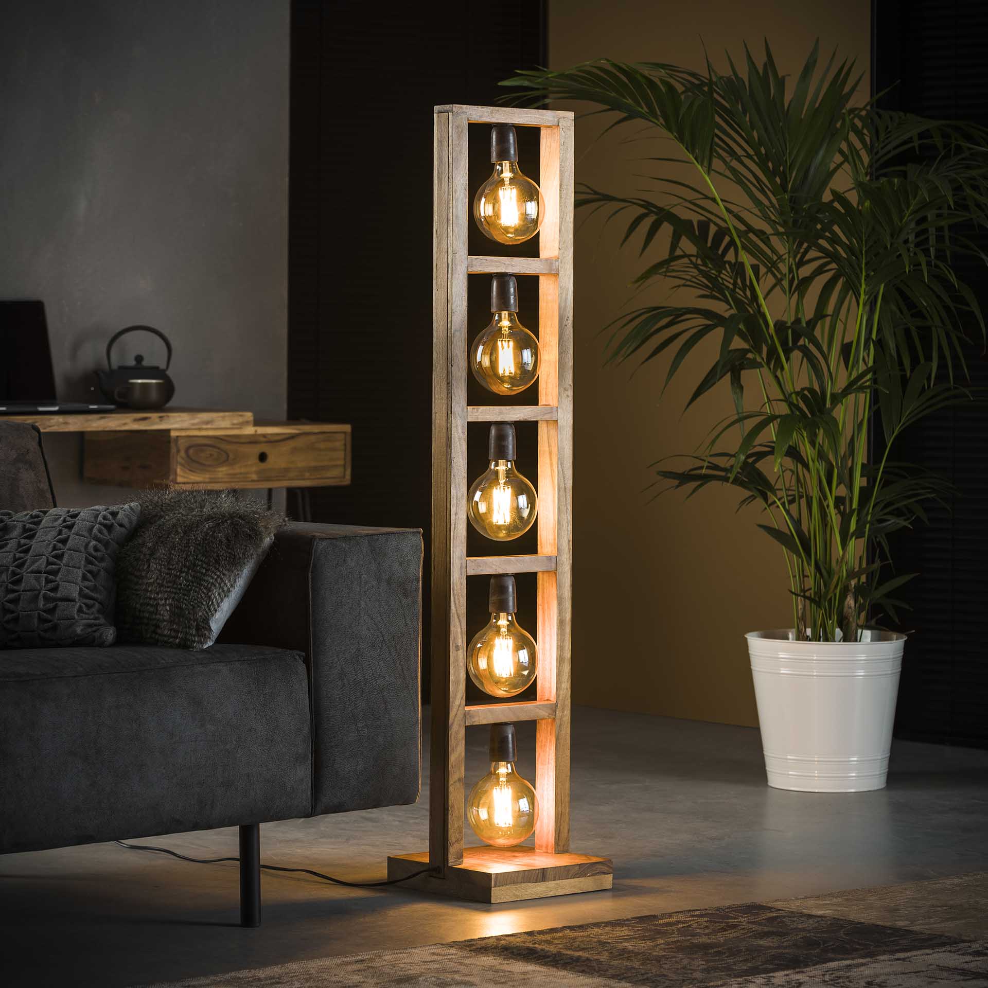 Stehleuchte Collo 5-flammig – Holz-Leuchte 28×135×28 cm mit rechteckigem Akazienholzrahmen, sichtbaren Fassungen, E27, LED geeignet