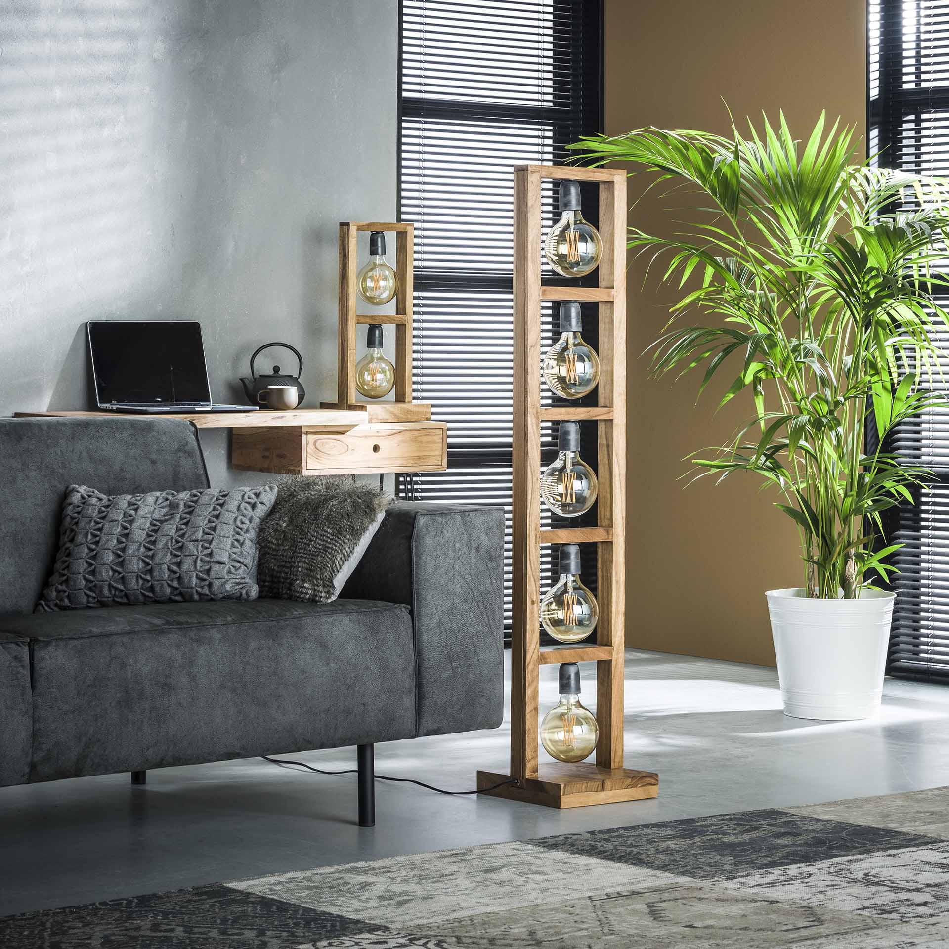 Stehleuchte Collo 5-flammig – Holz-Leuchte 28×135×28 cm mit rechteckigem Akazienholzrahmen, sichtbaren Fassungen, E27, LED geeignet