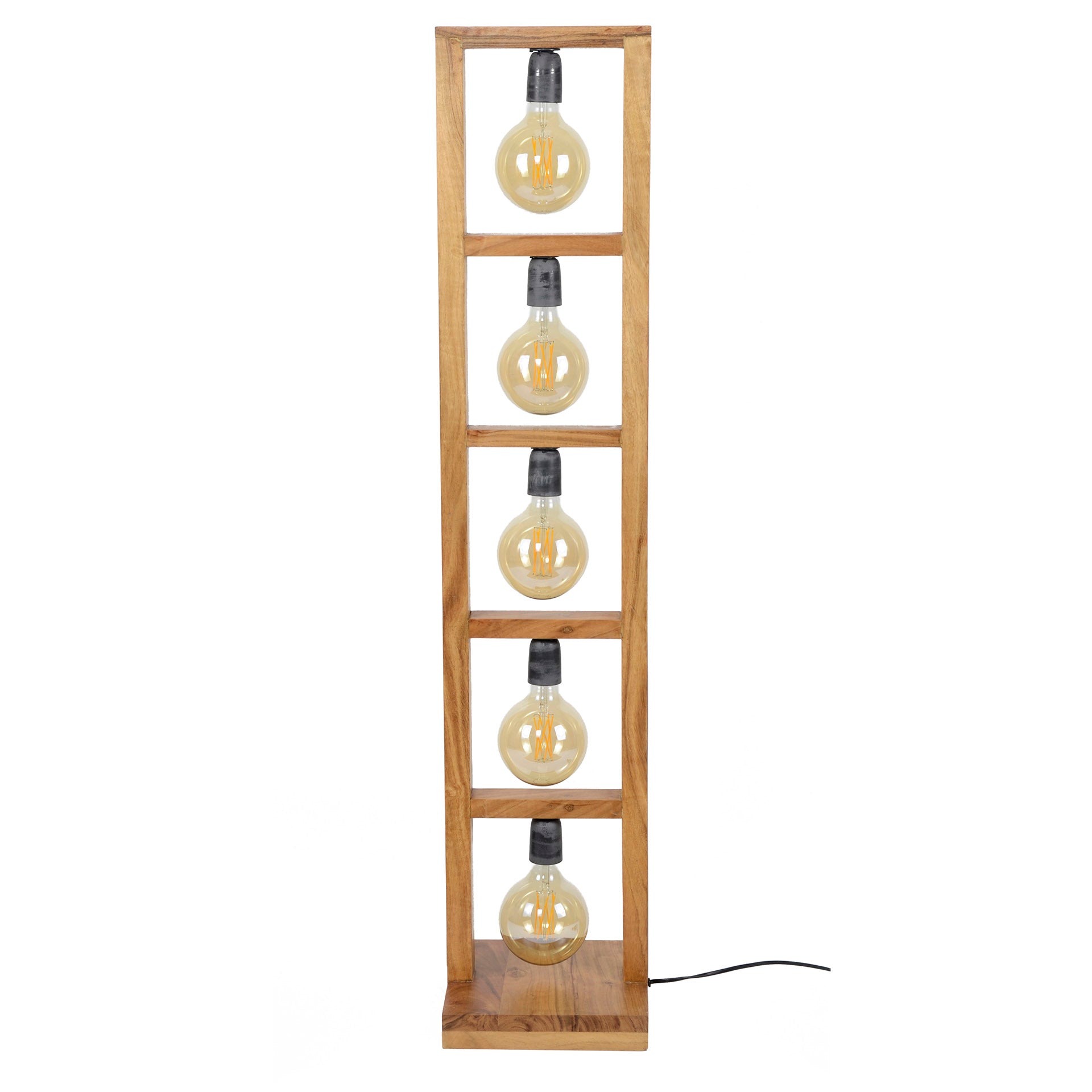 Stehleuchte Collo 5-flammig – Holz-Leuchte 28×135×28 cm mit rechteckigem Akazienholzrahmen, sichtbaren Fassungen, E27, LED geeignet