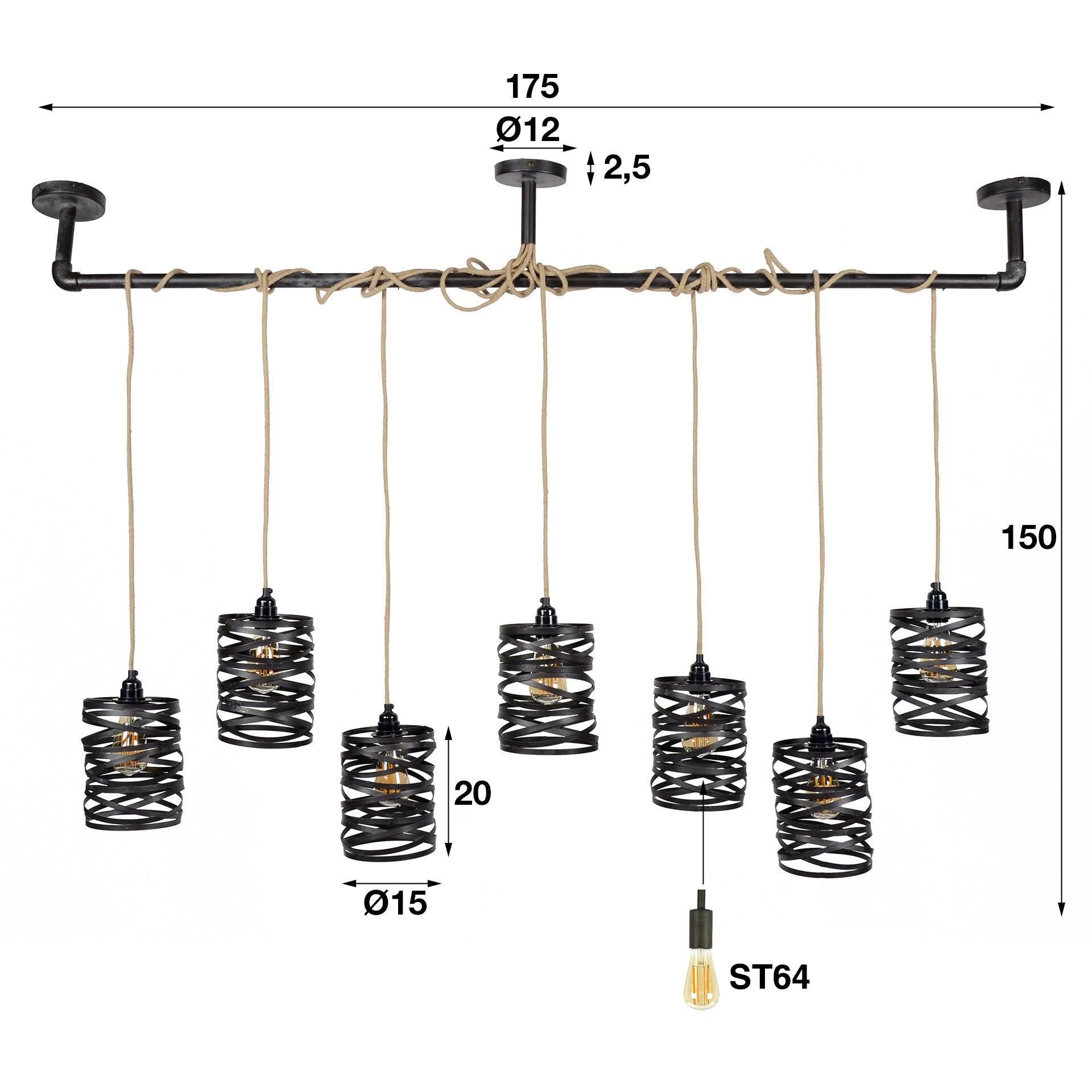 Hängeleuchte Lanterna Twist Wrap XL 7-flammig – Metall-Leuchte 175×150×15 cm mit Juteseil, schiefergrau-braun, höhenverstellbar, E27, LED geeignet