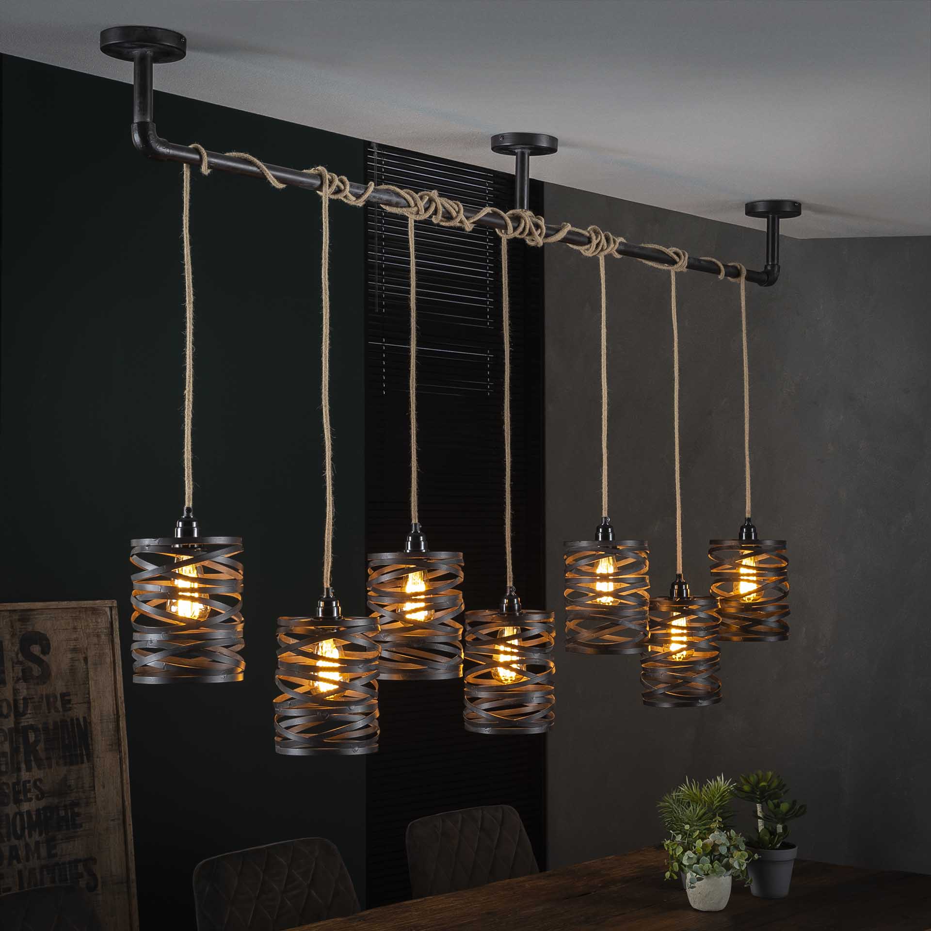 Hängeleuchte Lanterna Twist Wrap XL 7-flammig – Metall-Leuchte 175×150×15 cm mit Juteseil, schiefergrau-braun, höhenverstellbar, E27, LED geeignet