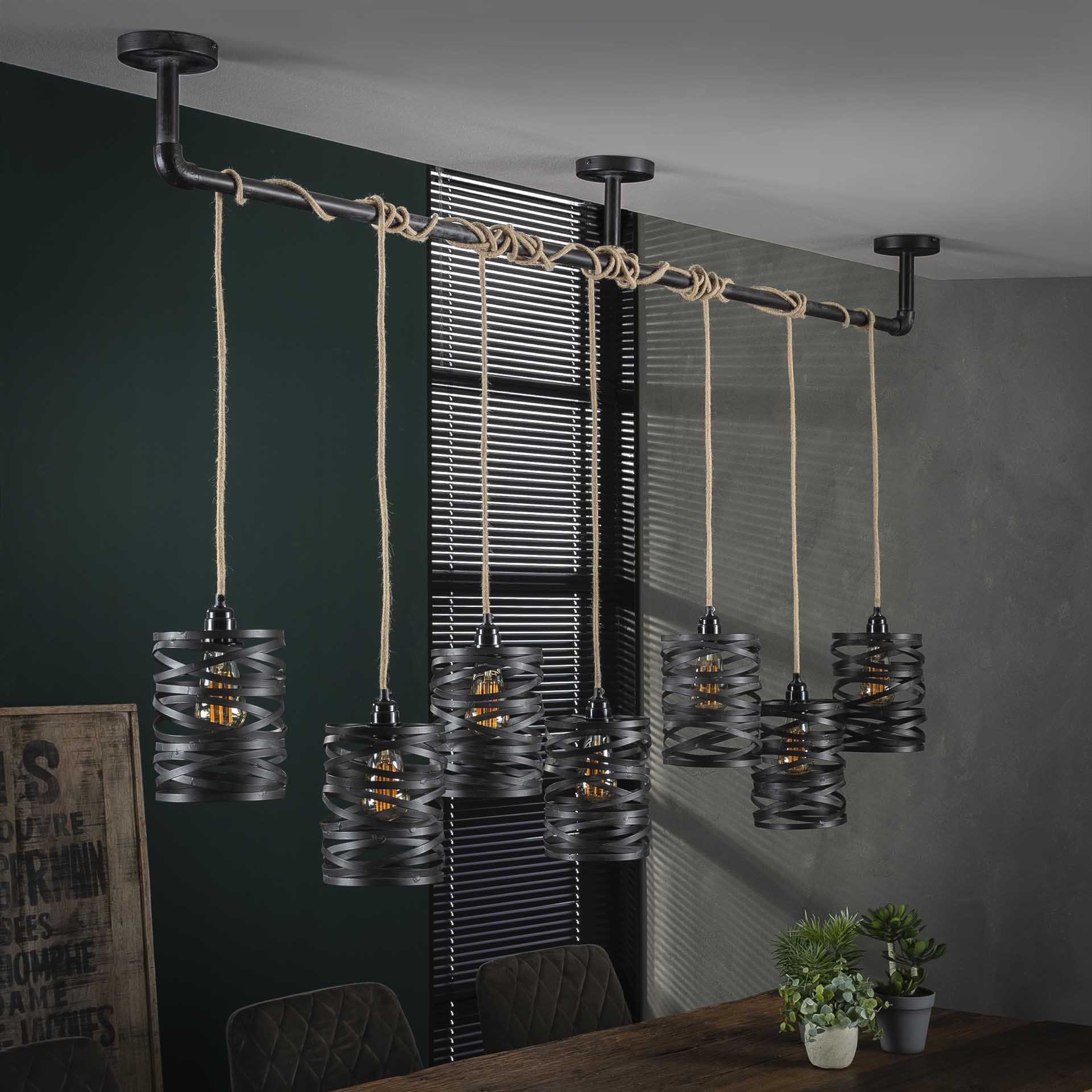 Hängeleuchte Lanterna Twist Wrap XL 7-flammig – Metall-Leuchte 175×150×15 cm mit Juteseil, schiefergrau-braun, höhenverstellbar, E27, LED geeignet