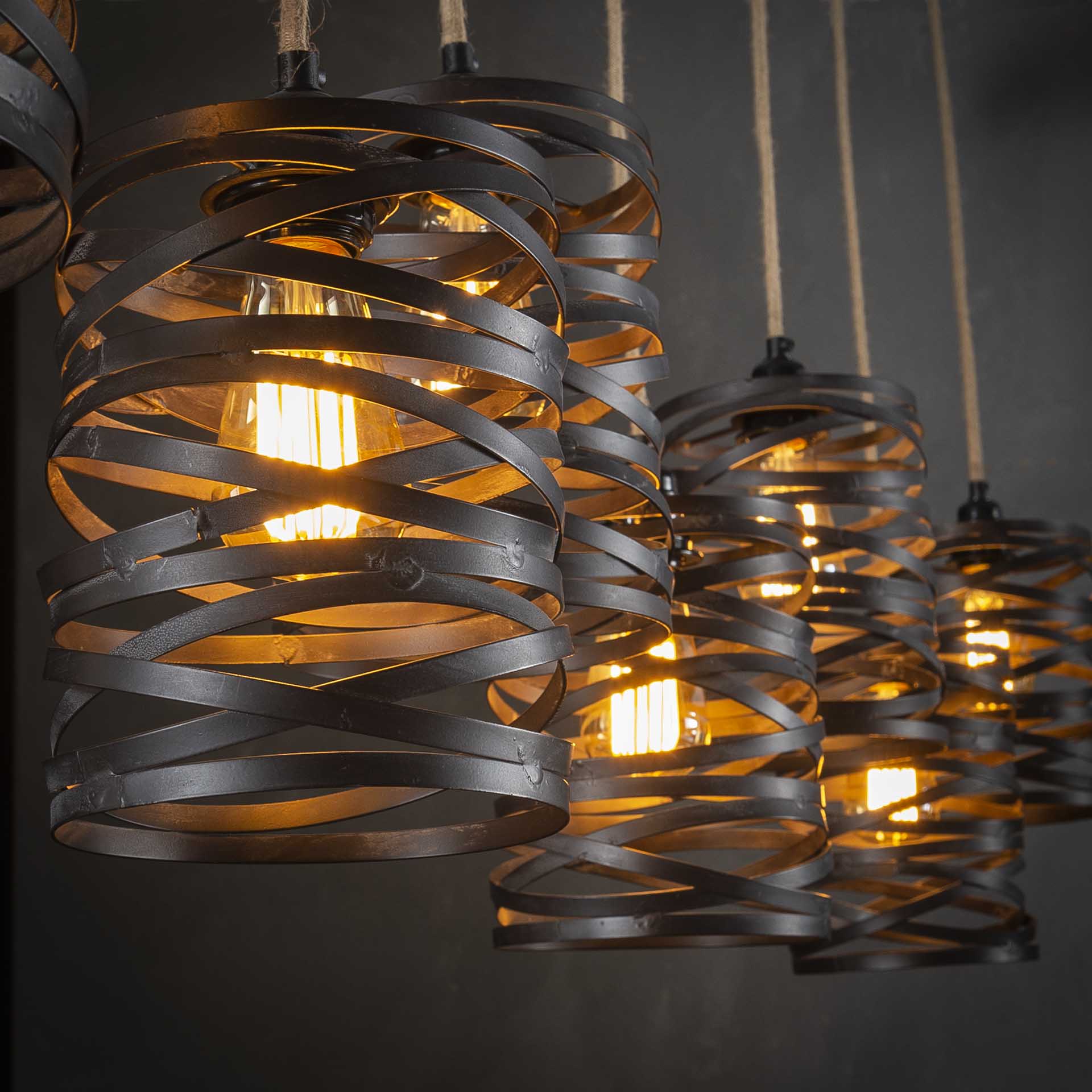 Hängeleuchte Lanterna Twist Wrap XL 7-flammig – Metall-Leuchte 175×150×15 cm mit Juteseil, schiefergrau-braun, höhenverstellbar, E27, LED geeignet