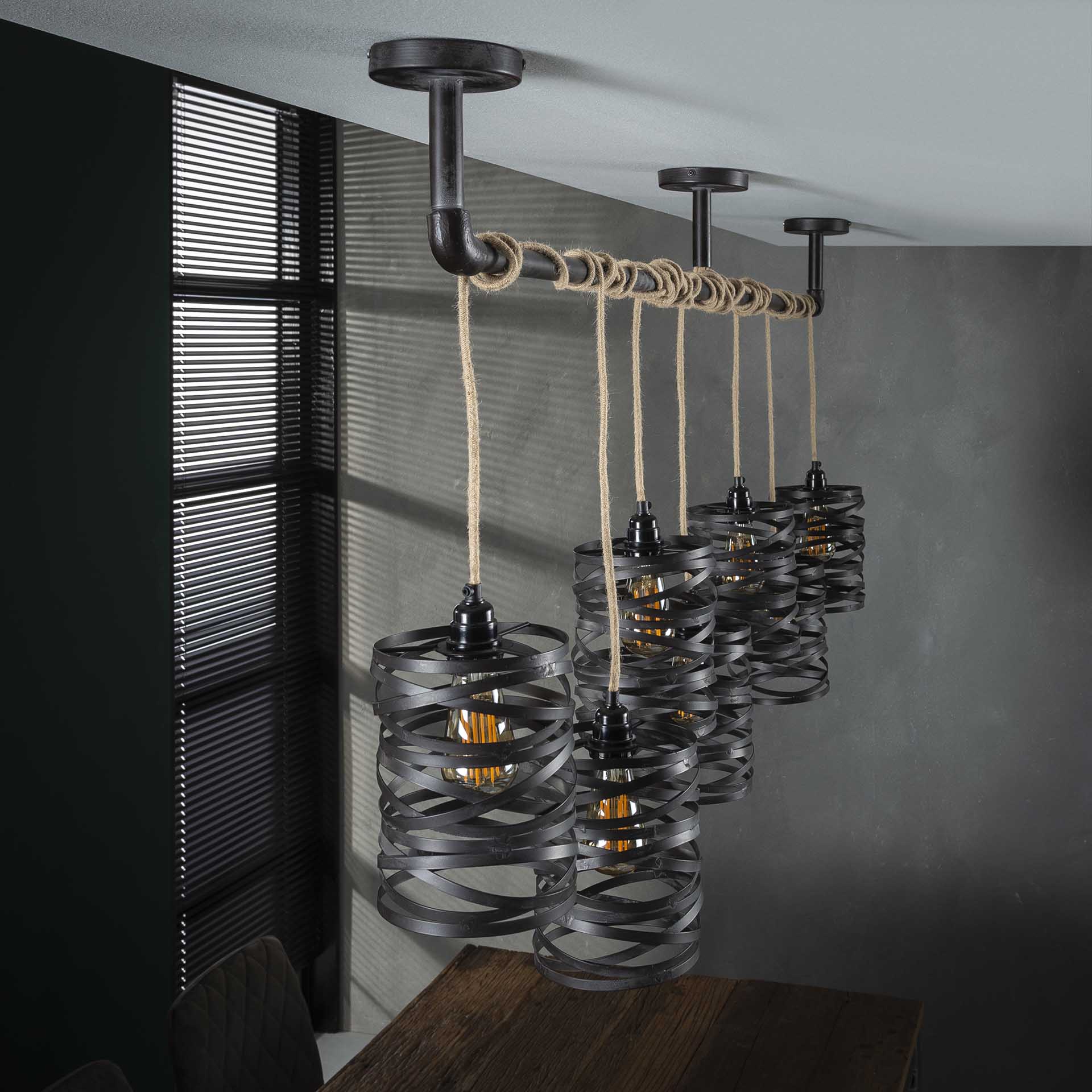 Hängeleuchte Lanterna Twist Wrap XL 7-flammig – Metall-Leuchte 175×150×15 cm mit Juteseil, schiefergrau-braun, höhenverstellbar, E27, LED geeignet