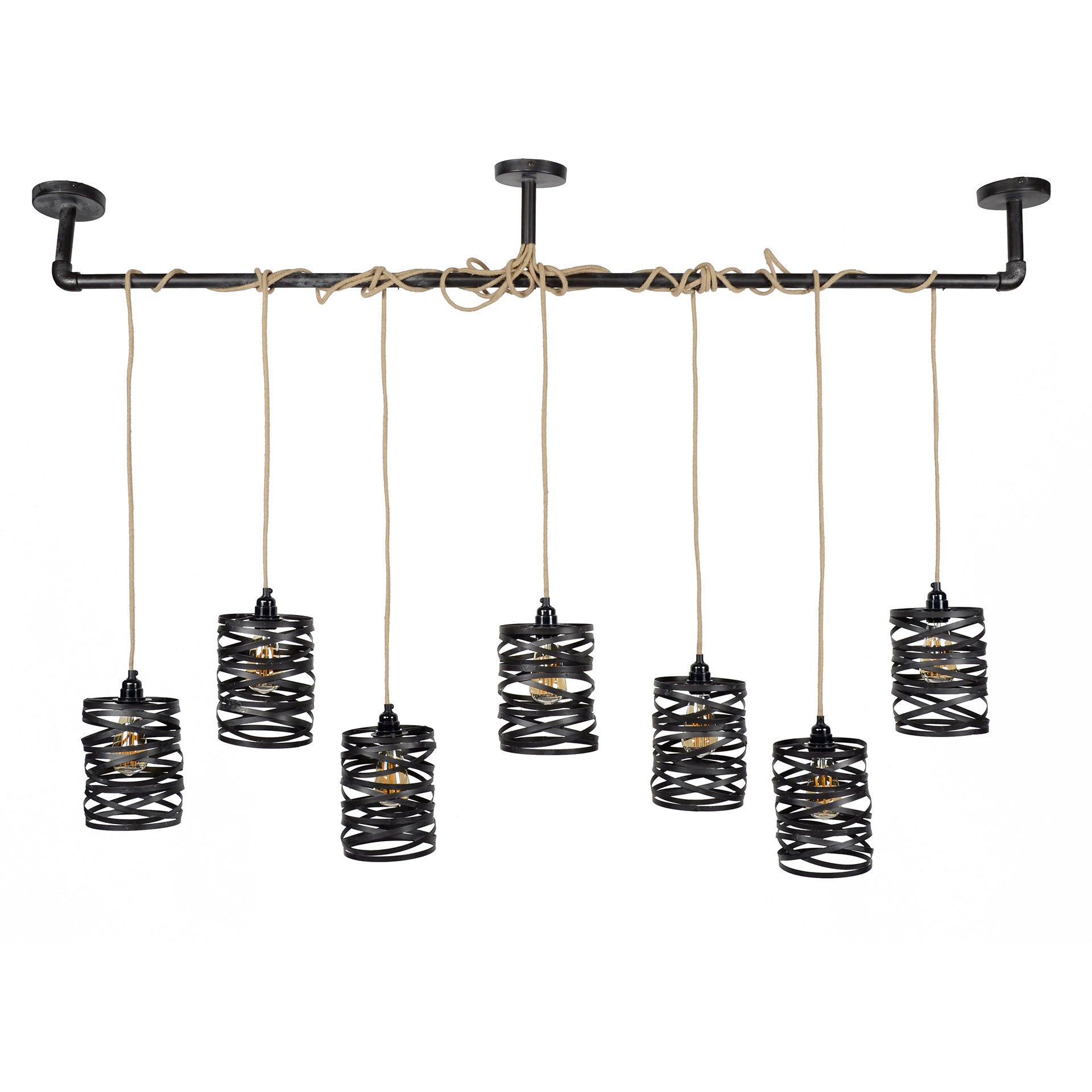 Hängeleuchte Lanterna Twist Wrap XL 7-flammig – Metall-Leuchte 175×150×15 cm mit Juteseil, schiefergrau-braun, höhenverstellbar, E27, LED geeignet