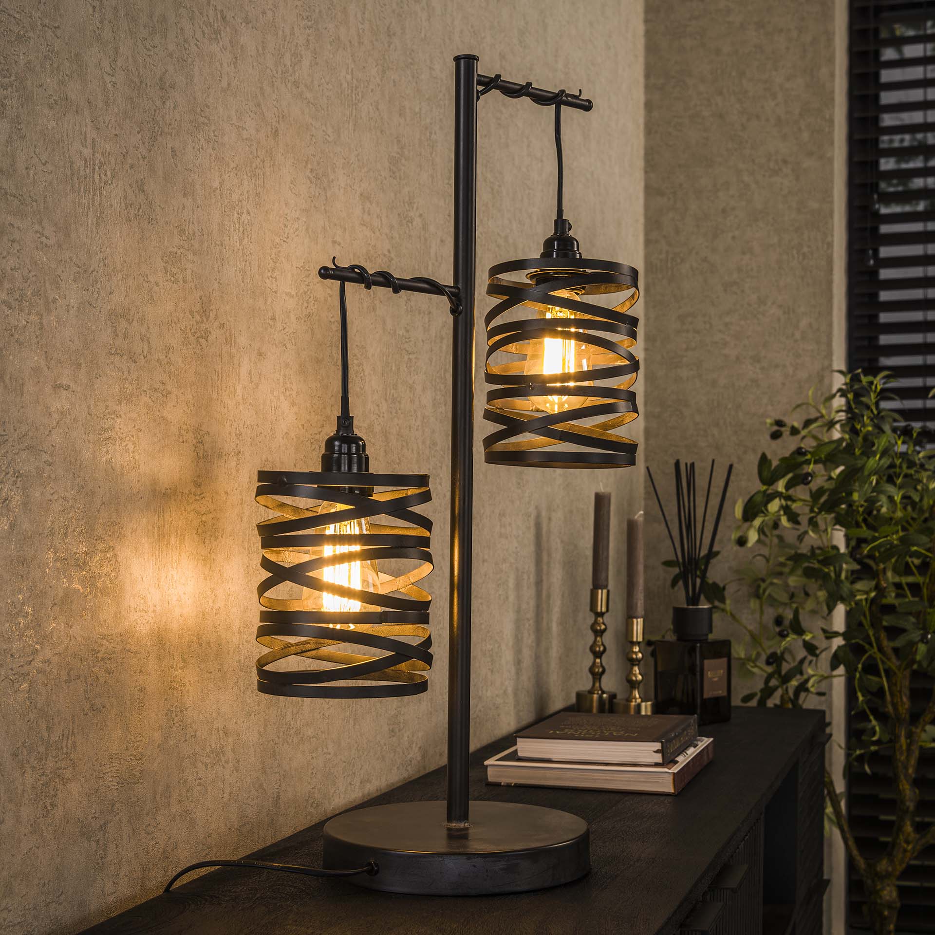 Tischleuchte Lanterna 2-flammig – Metall-Leuchte 37×70×23 cm in Schiefergrau-Braun mit Spindelschirmen, E27, LED geeignet