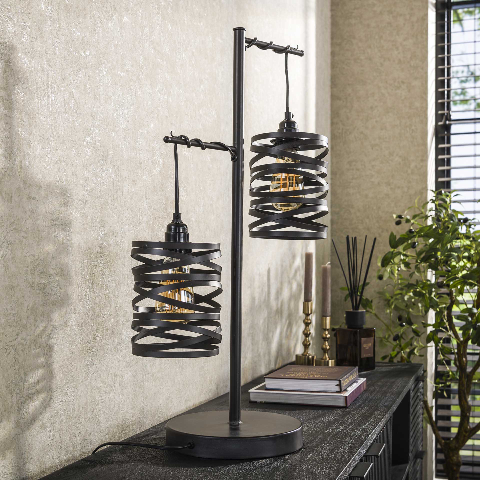 Tischleuchte Lanterna 2-flammig – Metall-Leuchte 37×70×23 cm in Schiefergrau-Braun mit Spindelschirmen, E27, LED geeignet