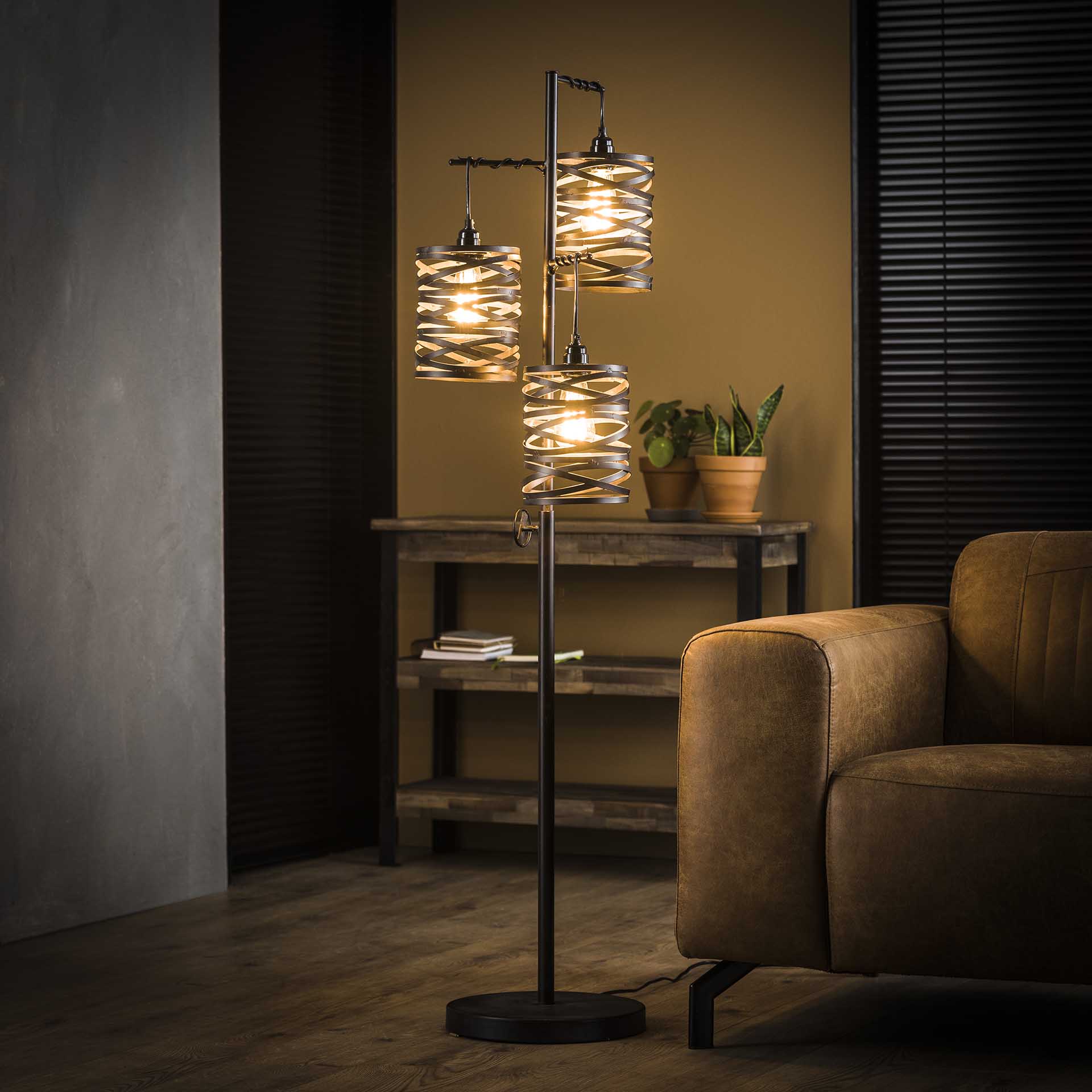 Stehleuchte Lanterna 3-flammig – Metall-Leuchte 37×150×29 cm in Schiefergrau-Braun mit Spindelschirmen, E27, LED geeignet