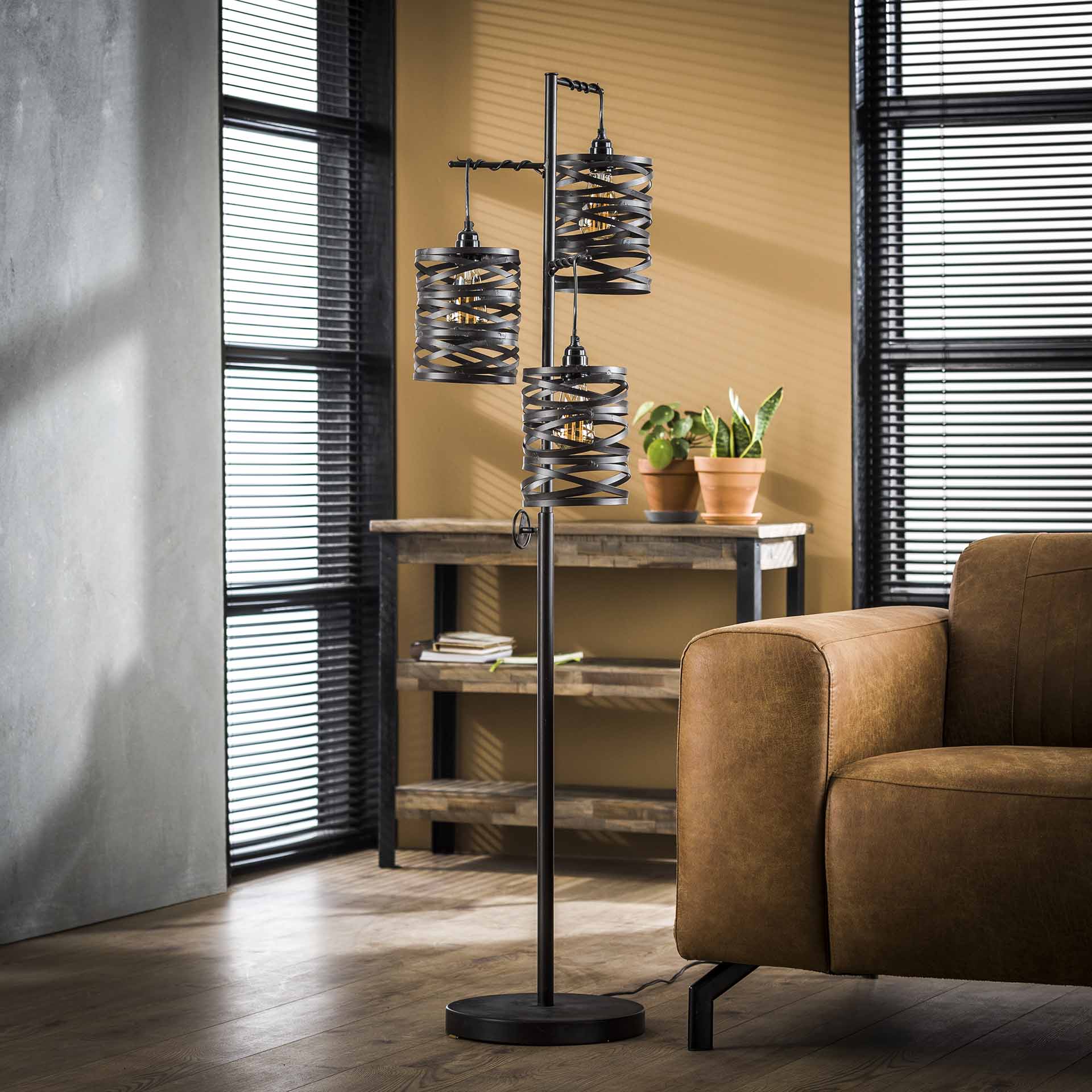 Stehleuchte Lanterna 3-flammig – Metall-Leuchte 37×150×29 cm in Schiefergrau-Braun mit Spindelschirmen, E27, LED geeignet