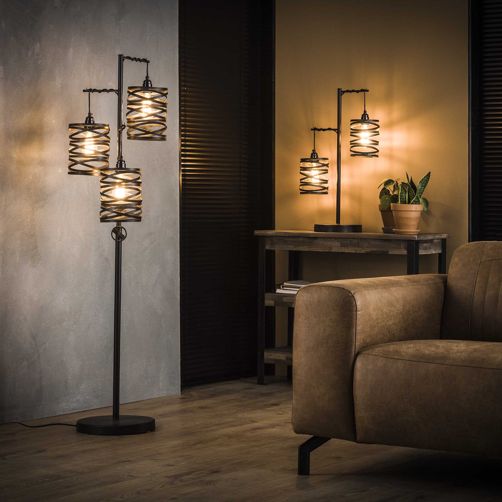 Stehleuchte Lanterna 3-flammig – Metall-Leuchte 37×150×29 cm in Schiefergrau-Braun mit Spindelschirmen, E27, LED geeignet