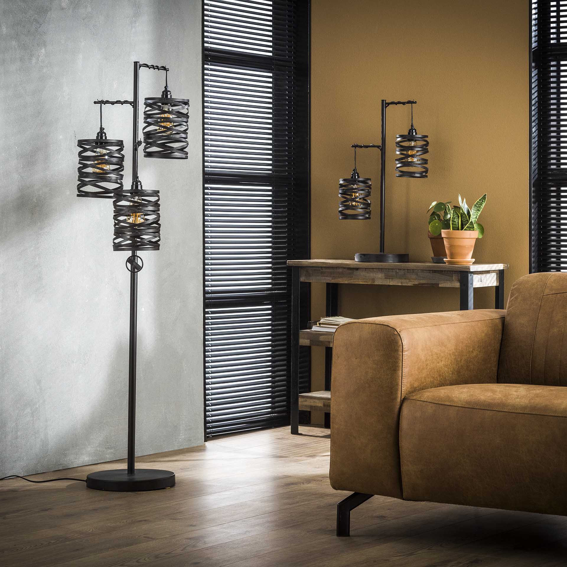 Stehleuchte Lanterna 3-flammig – Metall-Leuchte 37×150×29 cm in Schiefergrau-Braun mit Spindelschirmen, E27, LED geeignet