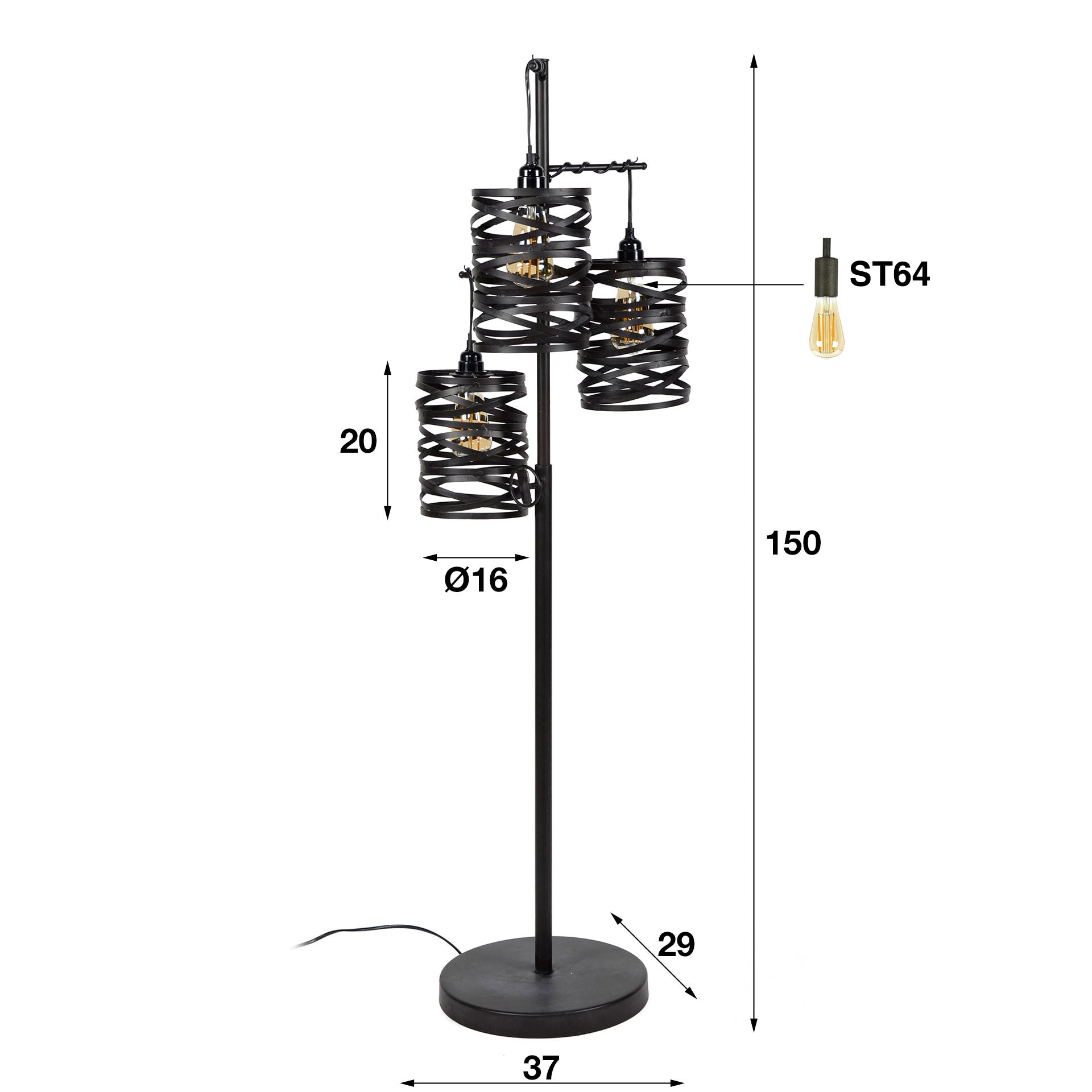 Stehleuchte Lanterna 3-flammig – Metall-Leuchte 37×150×29 cm in Schiefergrau-Braun mit Spindelschirmen, E27, LED geeignet