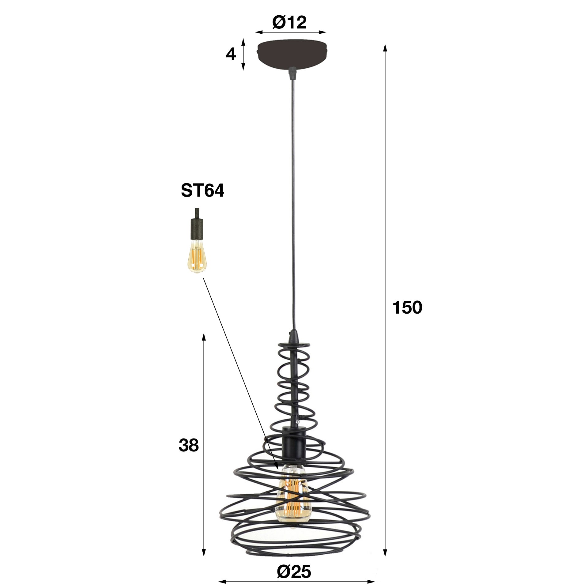 Hängeleuchte Piccolo 1-flammig – Metall-Leuchte 25×150×25 cm mit drehbarem Kegelschirm Ø25×38 cm, schwarz pulverbeschichtet, E27, LED geeignet
