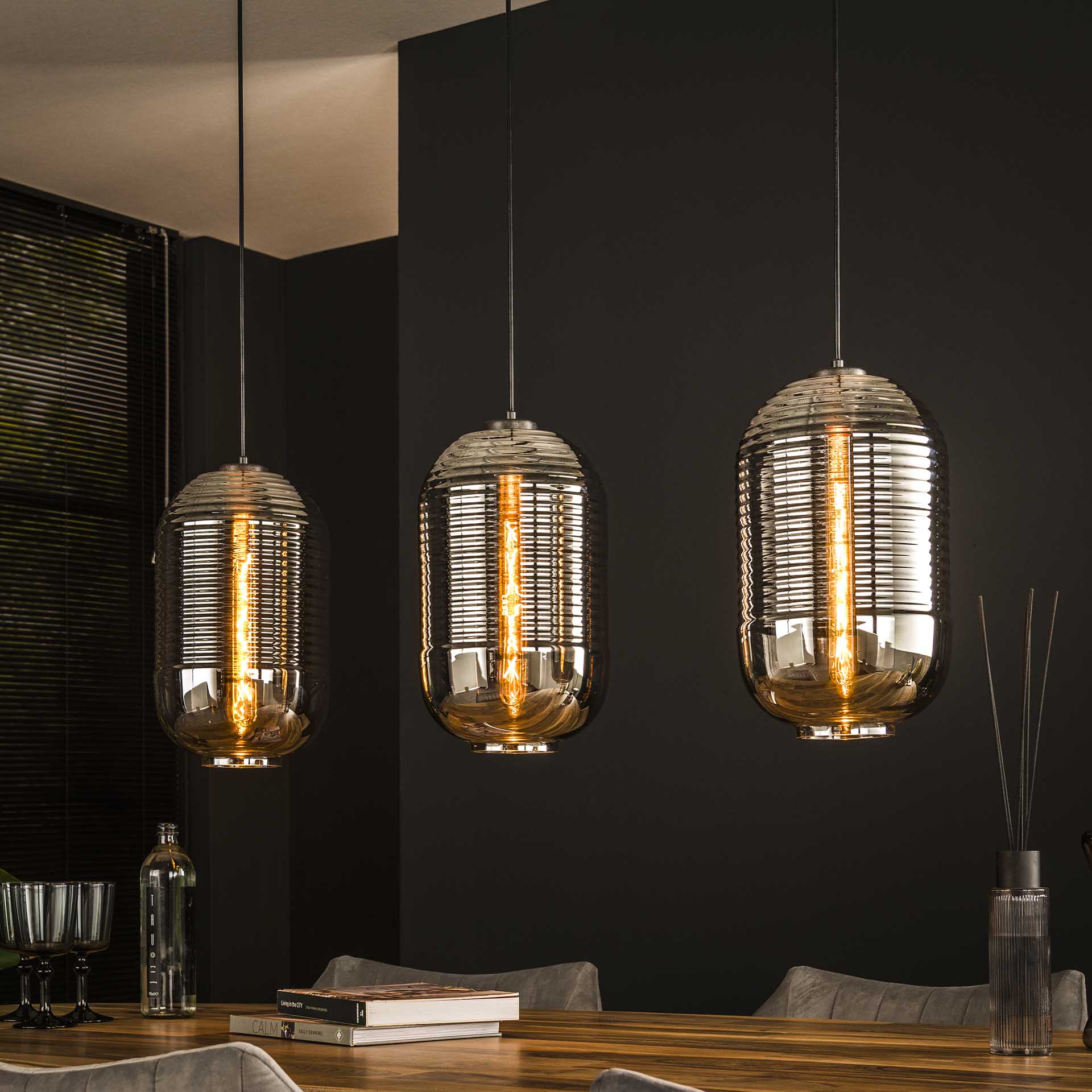 Hängeleuchte Colla 3-flammig – Glas-Leuchte mit verchromten Schirmen 105×150×22 cm, höhenverstellbar, E27, LED geeignet