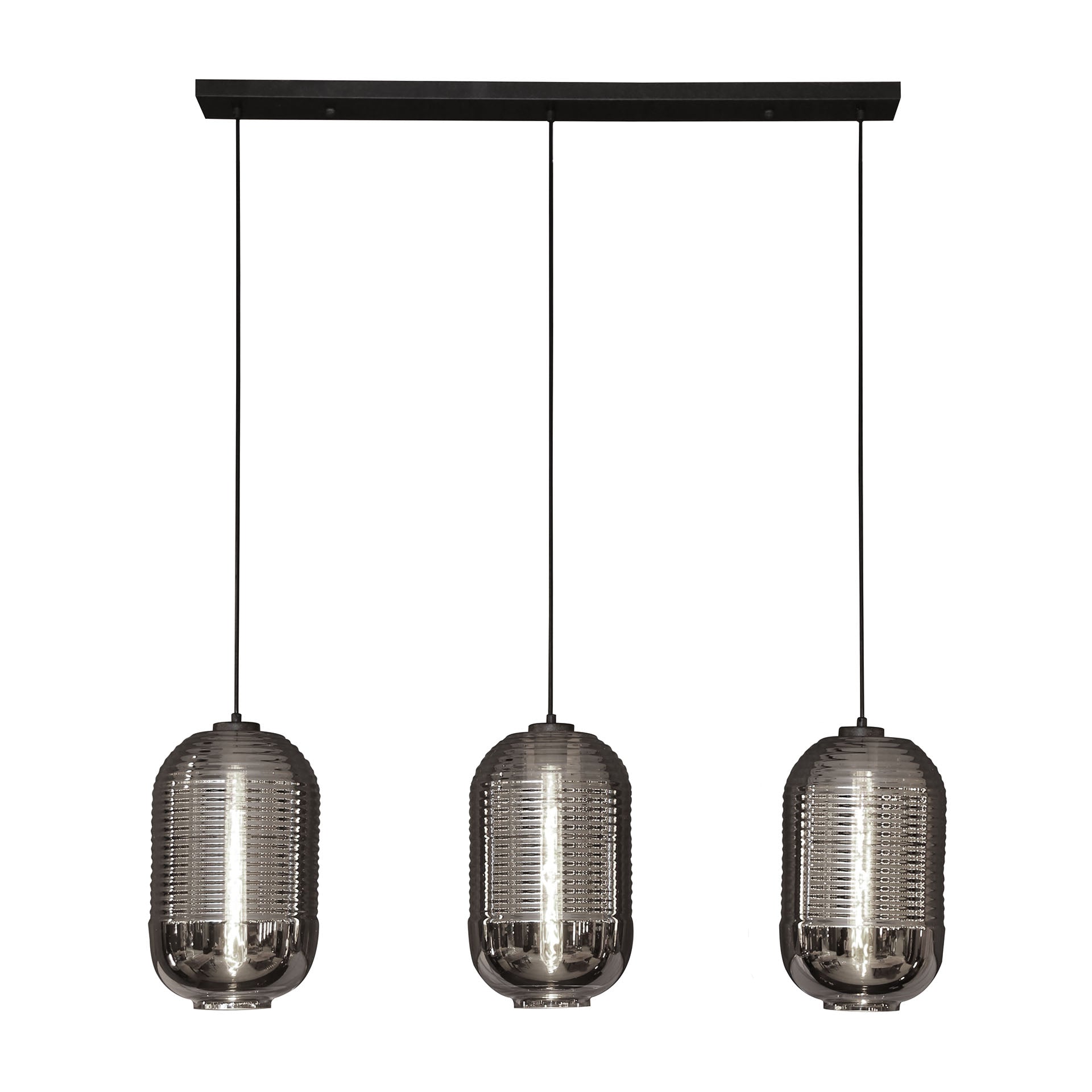 Hängeleuchte Colla 3-flammig – Glas-Leuchte mit verchromten Schirmen 105×150×22 cm, höhenverstellbar, E27, LED geeignet