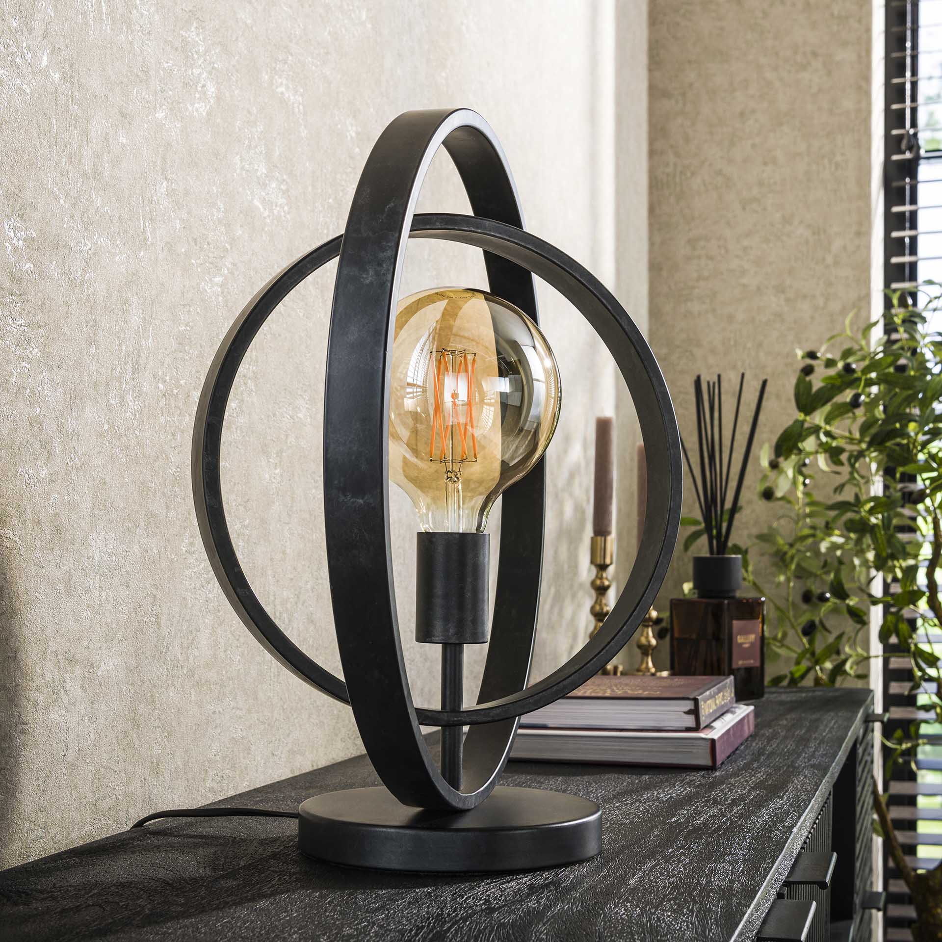 Tischleuchte Carino 1-flammig – Metall-Leuchte 40×43×30 cm mit drehbarem Kreis, Charcoal-Finish, E27, LED geeignet