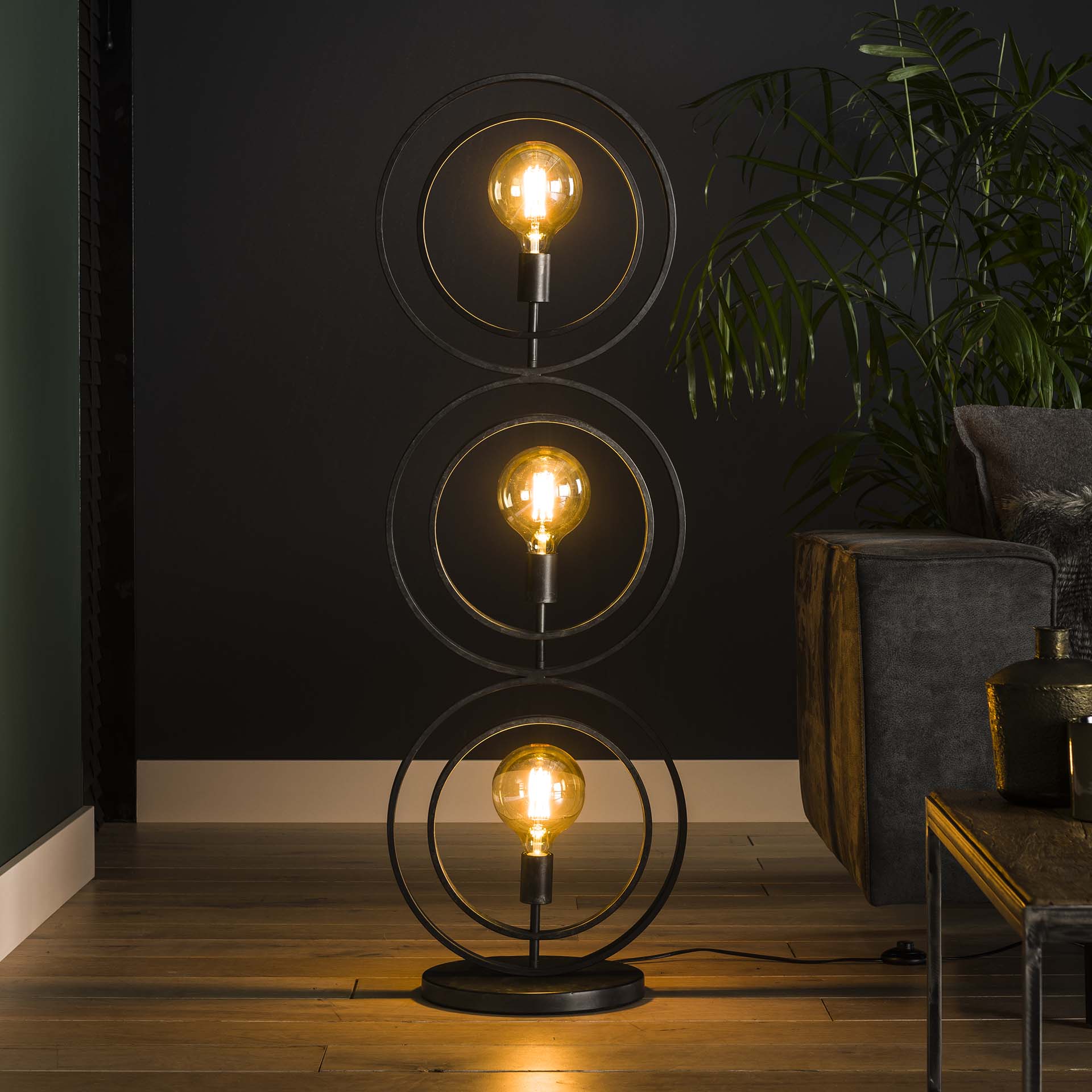 Stehleuchte Carino 3-flammig – Metall-Leuchte 40×124×30 cm mit drehbaren Kreisen, Charcoal-Finish, 3×E27, LED geeignet