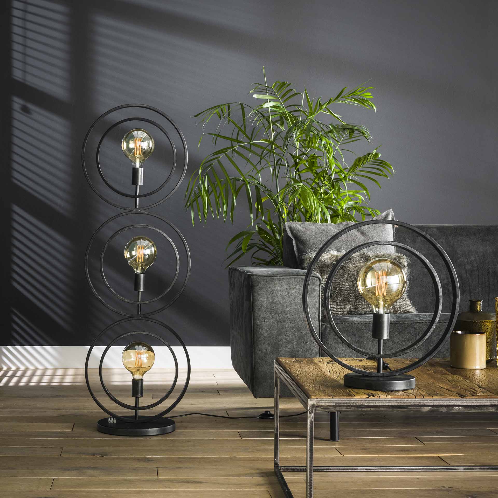 Stehleuchte Carino 3-flammig – Metall-Leuchte 40×124×30 cm mit drehbaren Kreisen, Charcoal-Finish, 3×E27, LED geeignet
