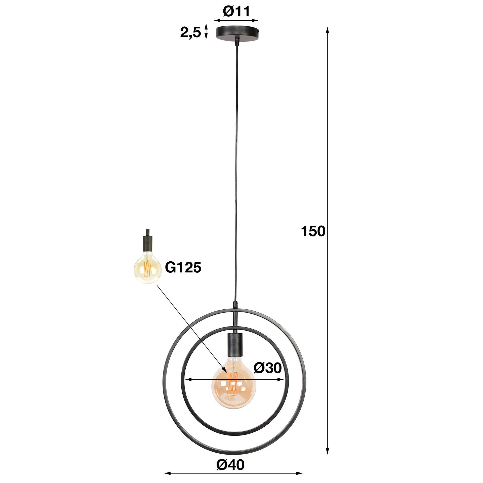 Hängeleuchte Carino 1-flammig – Metall-Leuchte 40×150×30 cm mit drehbarem Kreis, Charcoal-Finish, höhenverstellbar, E27, LED geeignet