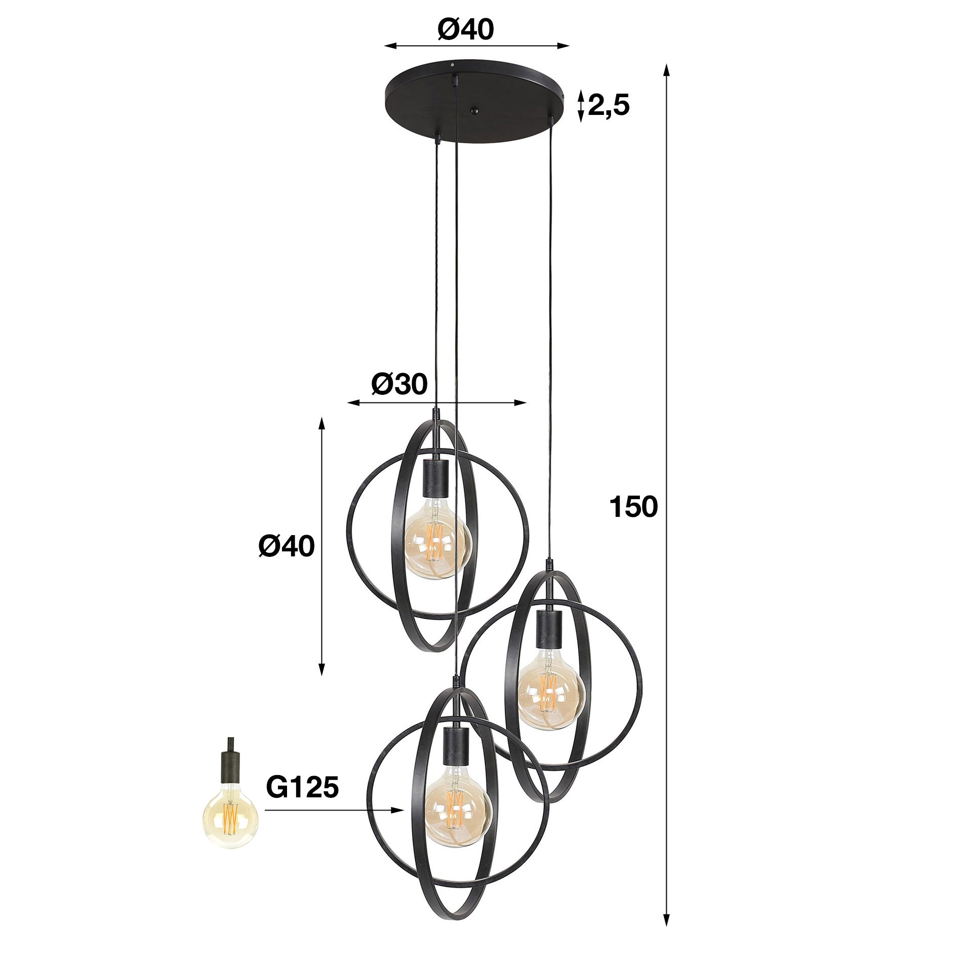 Hängeleuchte Carino 3-flammig gestuft – Metall-Leuchte 40×150×40 cm mit drehbarem Kreis, Charcoal-Finish, höhenverstellbar, E27, LED geeignet